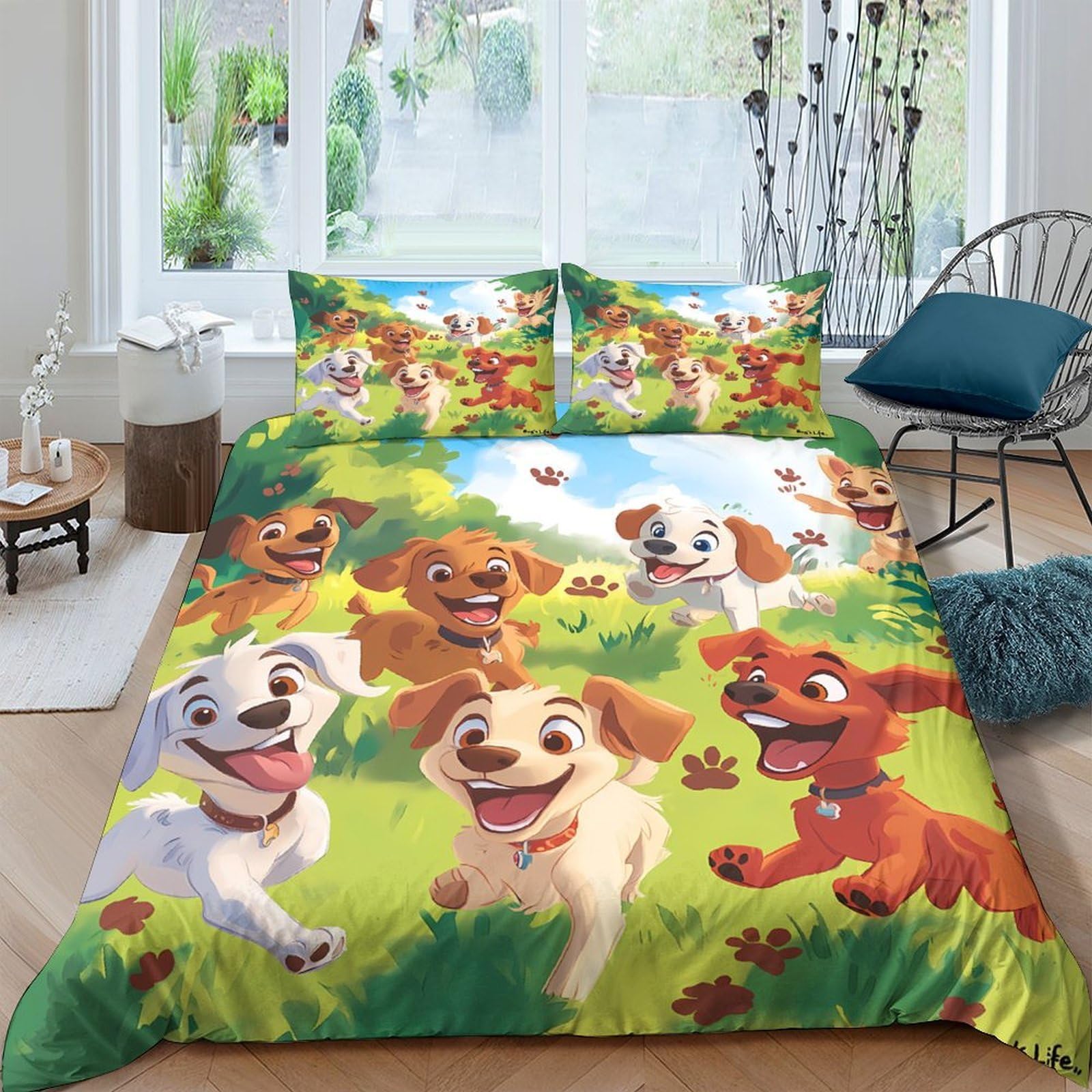 Ctjqhvkz Style-7 3D Printed Cartoon Puppy Fitted Sheet Microfiber Colorful Dog Bed Sheet Anti-Slip Easy Care Bedroom Decor Single（135X200cm）