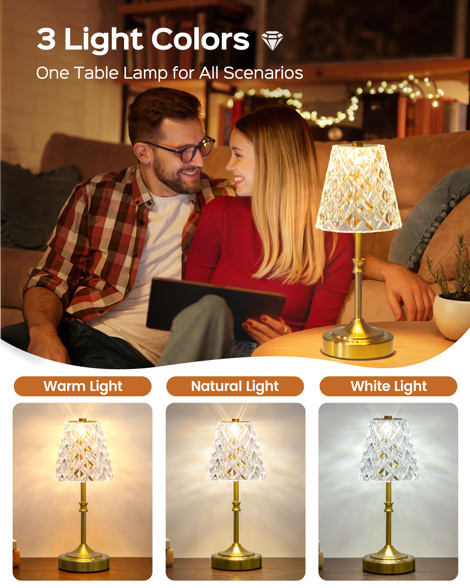 Lámpara inalámbrica recargable, pantalla de cristal acrílico, 3 colores con atenuador integrado, funciona con batería de 5400 mAh, lámpara inalámbrica para encimera de cocina, dormitorio 2