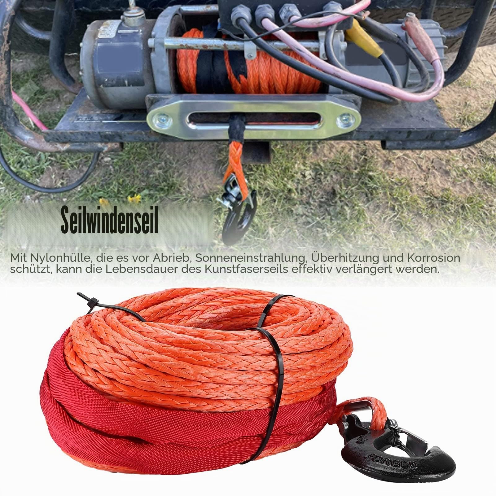 Longzhuo Synthetisches Windenseil-Kit 3/8" x100ft-23000LBS mit Schutzhülse + geschmiedeter Windenhaken Passt für 4WD Off atvs Winden ATV UTV SUV LKW Boot (Orange