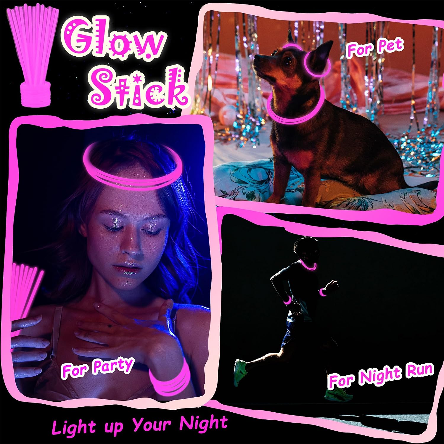 100 pk 8" Pink Glow Sticks Bulk Party Favors, Light up Glow Necklaces & Bracelets in the Dark Party Supplies For Christmas Valentine Halloween Birthday Neon Party (100 * Pink) image 4