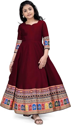 Fashion Dream Girls Crepe Silk Maxi Length Printed Dress |Traditional Long Dress|Gown for Kids