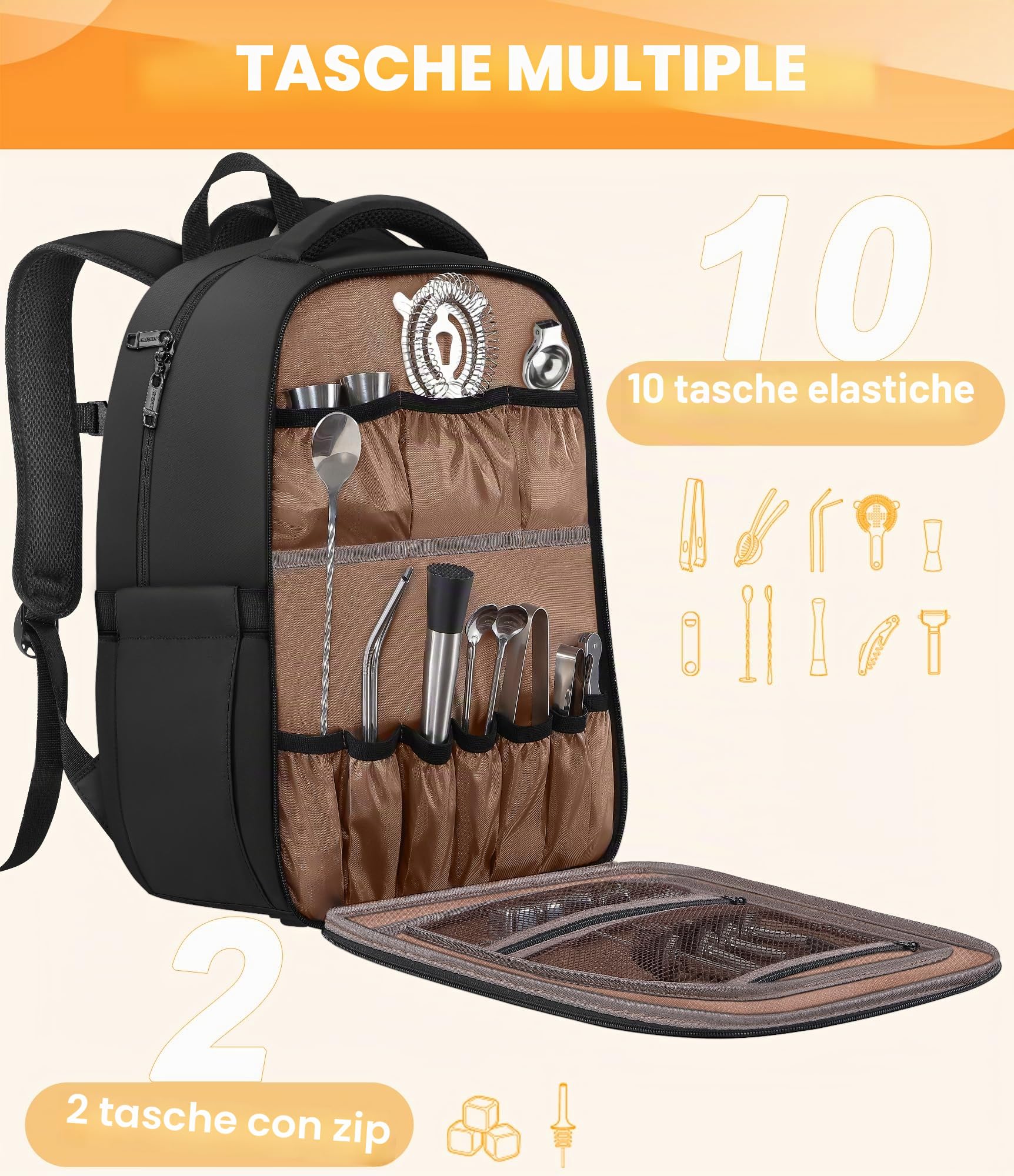 PEKREWS, Zaino da barista da viaggio per il trasporto del kit da bar, portatile, per set di utensili, shaker, bottiglie di vino, adatto come regalo per mixologist professionisti, nero (solo la borsa)