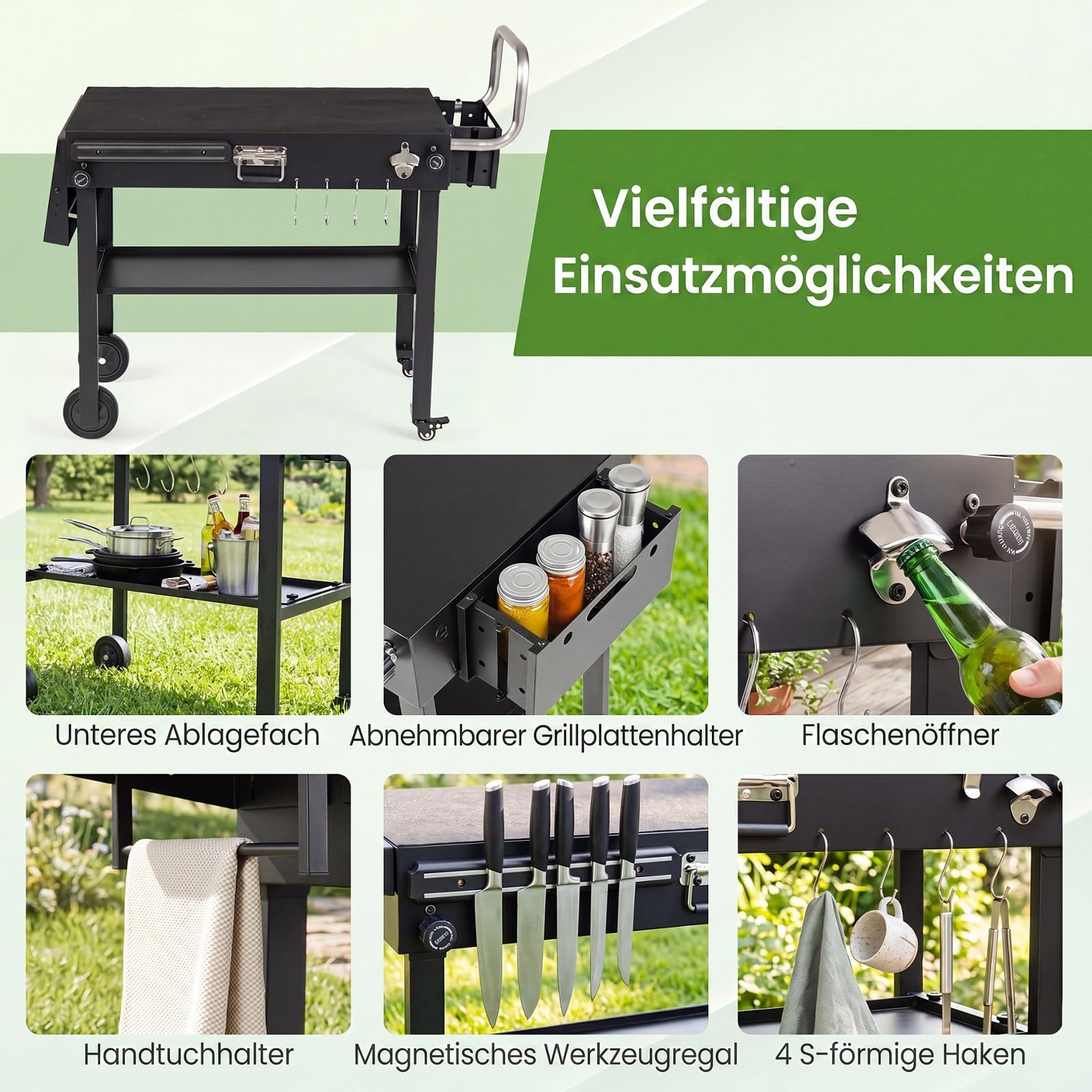 COSTWAY Grillwagen Outdoor, Grilltisch klappbar, Pizzatisch mit Seitentisch | Servierwagen Metall mit Rollen, Arbeitsfläche, Haken, Grill Beistelltisch wetterfest, für BBQ Partys Garten, 118 x 43 x 88 cm