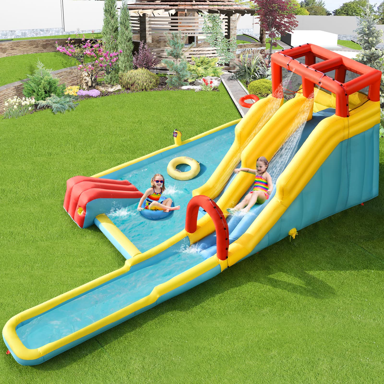 LIFEZEAL Castillo Hinchable Acuático para Niños, Parque Inflable con Doble Tobogán, Casa Infantil de Rebote con Pared de Escalada, Pistola de Agua, Anillos de Natación para 3-10 Años (sin soplador)