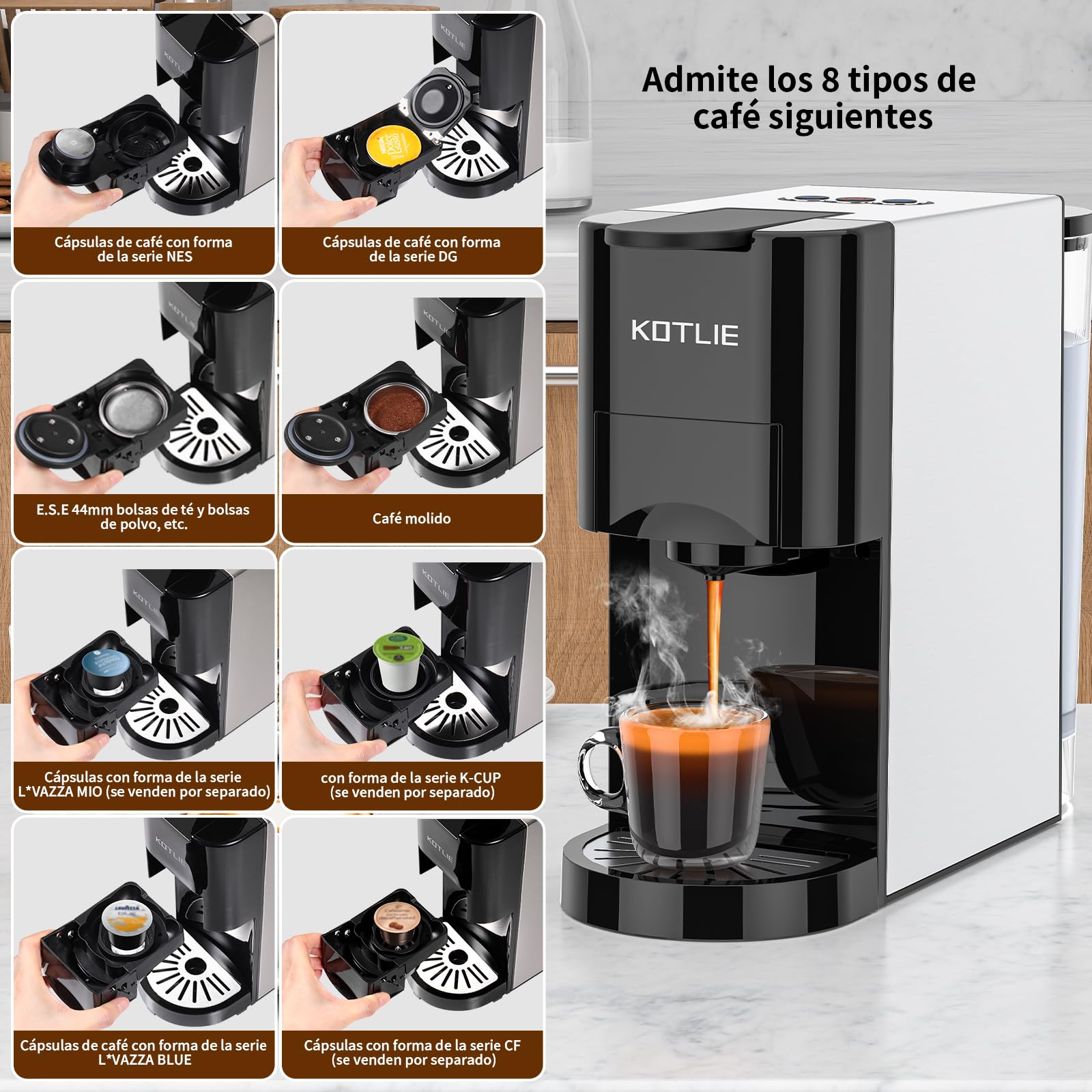 KOTLIE Express 4 en 1 Cafetière à capsules 19 bar haute pression Arrêt automatique Réservoir Cafetière expresso/cafetière capsules AC-513K (BLACK-EU)