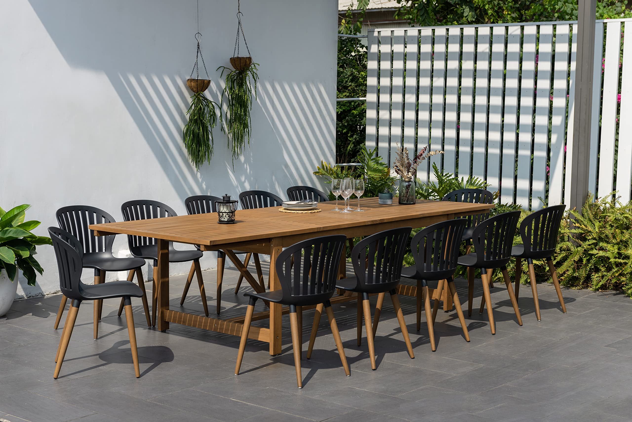 Brampton | Ideal for Patio and Outdoors, Black Chairs Sezze 13-Piece Rectangular Extendable Dining Set | Teak Finish, Brown
