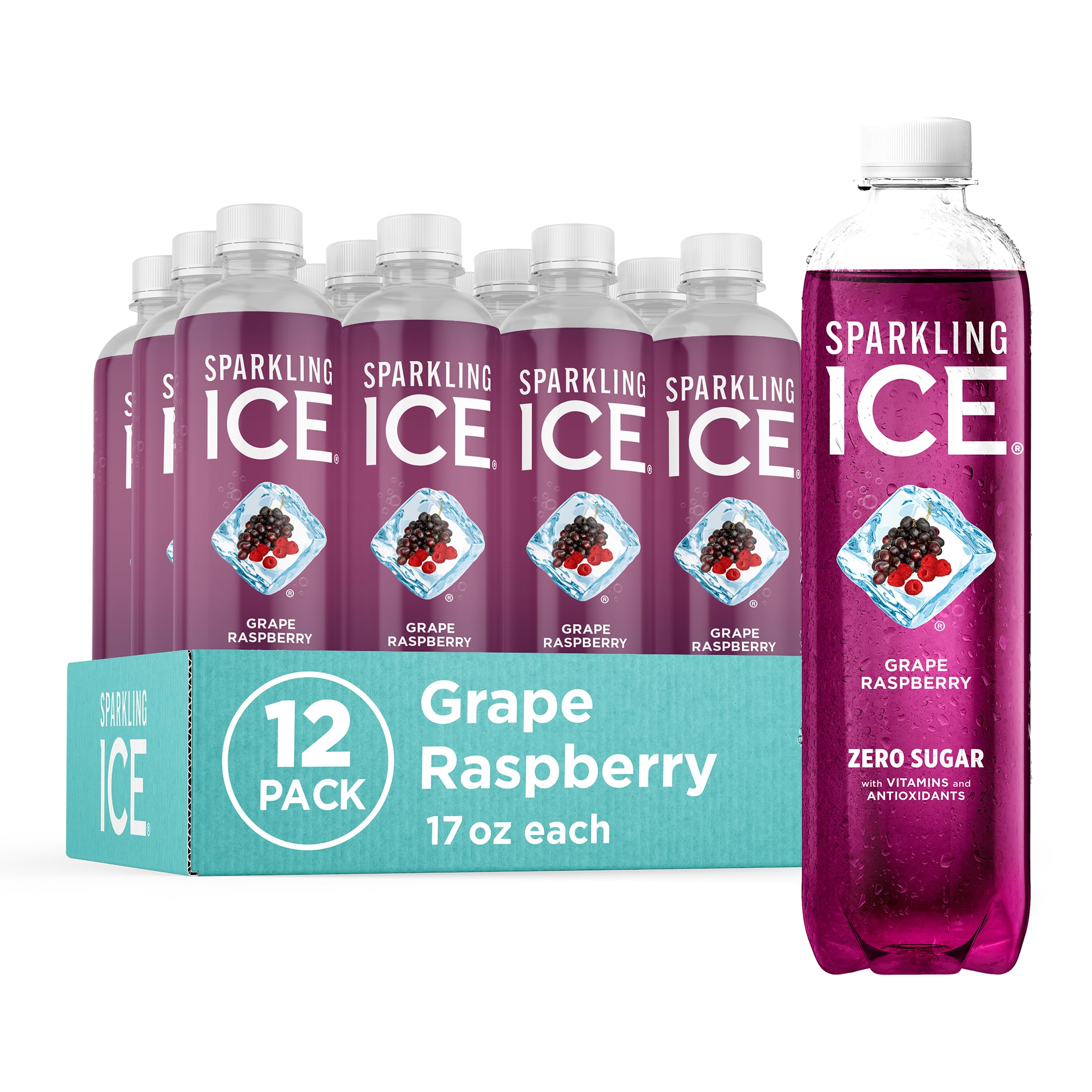 Sparkling IceGrape Raspberry Sparkling Water, Zero Sugar Flavored Water, with Vitamins and Antioxidants, Low Calorie Beverage, 17 fl oz Bottles (Pack of 12)