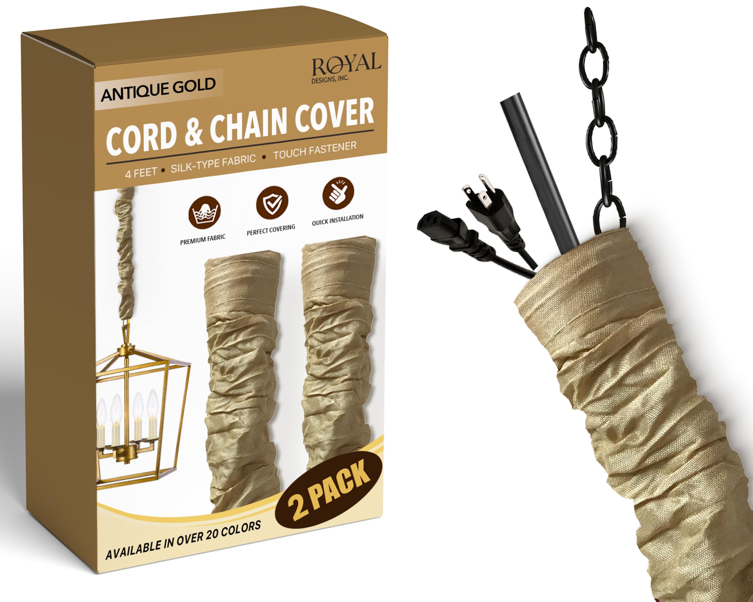 Royal Designs, Inc. Cord &amp; Chain Cover 4 ft Silk Type Fabric, Chandelier Pendant Lighting Chain &amp; Cable Management, Touch Fastener, Antique Gold - 2 Pack