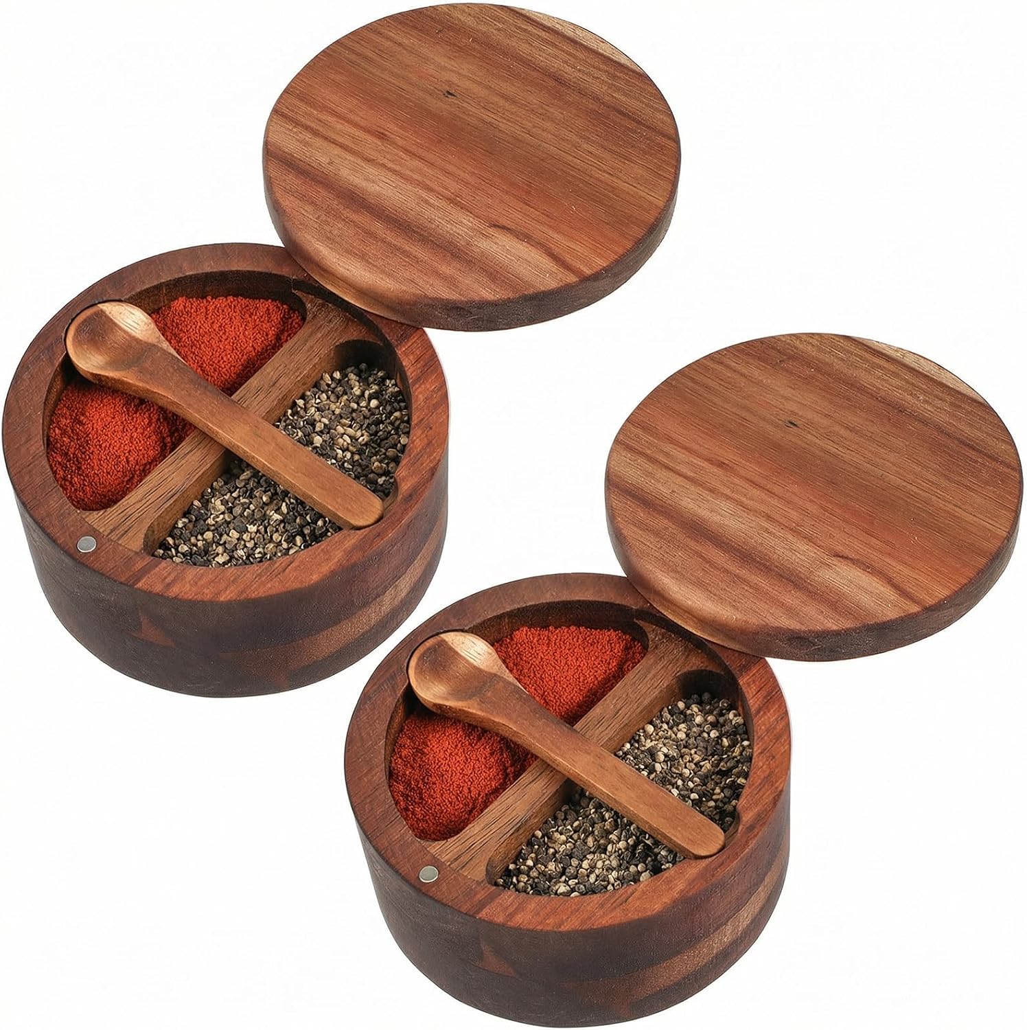 2pcs Acacia Wood Salt and Pepper Bowl 12 oz Salt Cellar with Swivel Lid & Spoon SaltContainer Holder Elegant Seasoning Bowl Container for Kitchen Storage Spice Favorite Seasonings