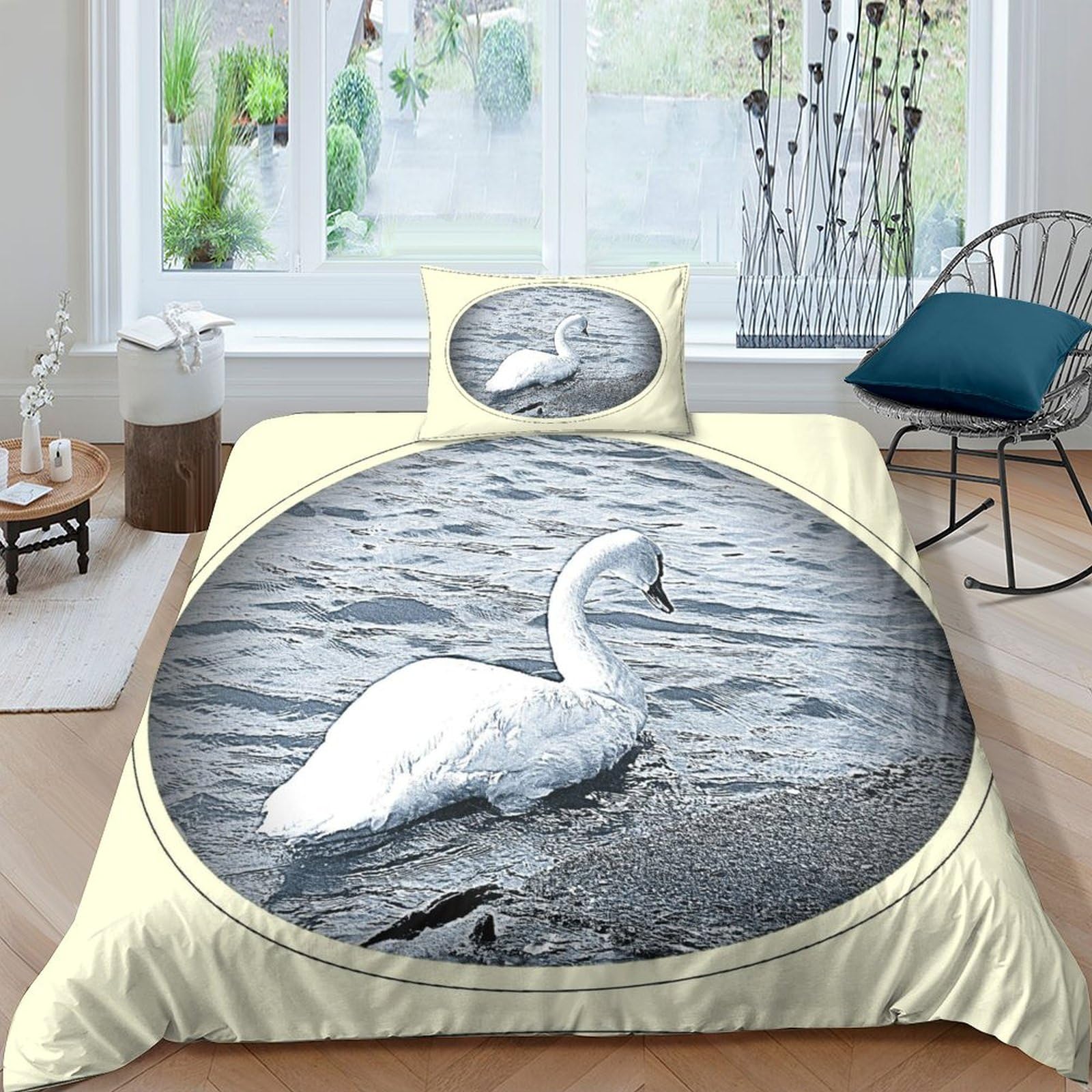 Housse de couette cygne blanc 3D parure de lit microfibre 135x200 avec fermeture éclair