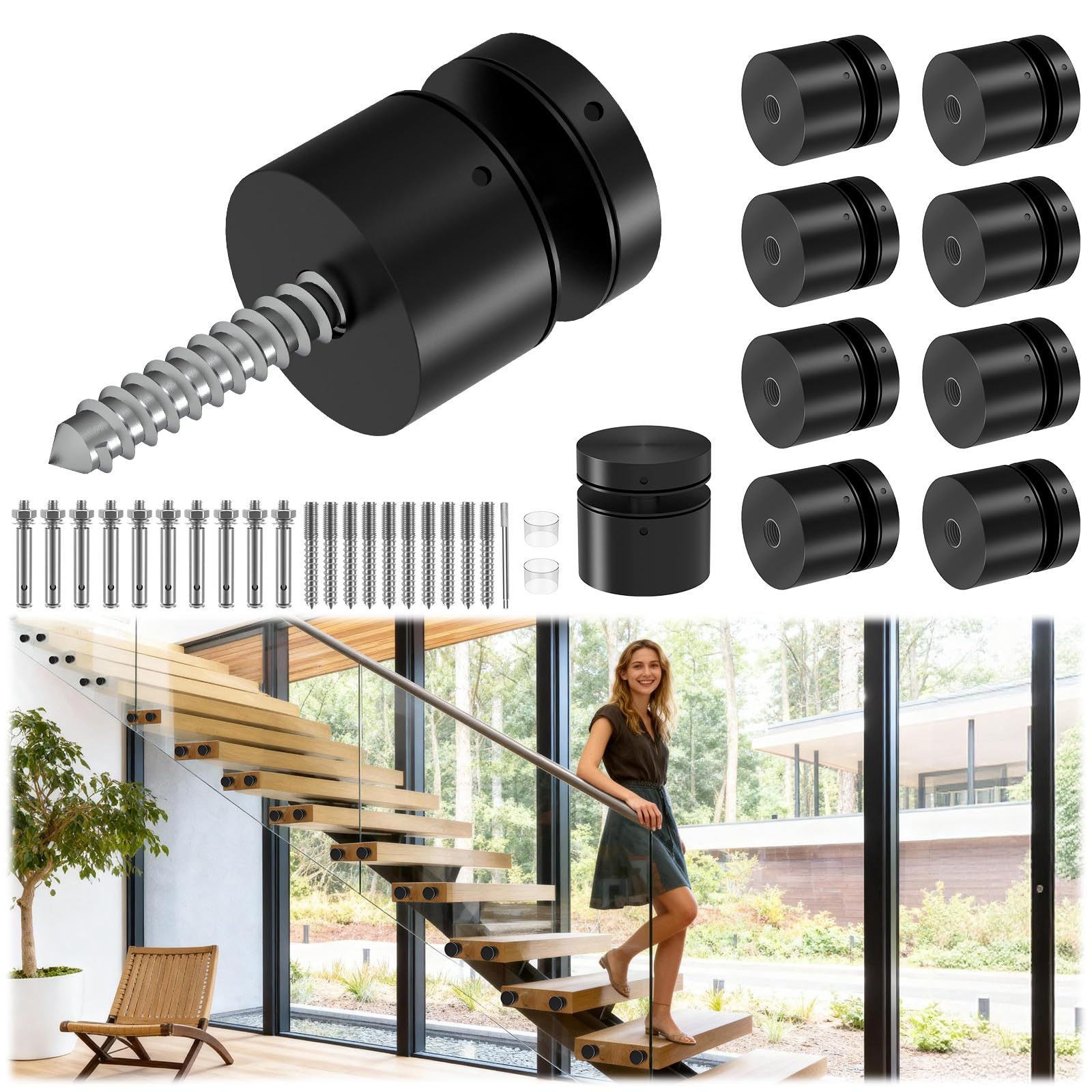 Photo 1 of 10 Pack Solid SS316 Glass Railing Standoff 1.3 lbs 2"x2" Matte Black Glass Standoffs Mounts Standoff Nail for Balcony Stair Railing Balustrade