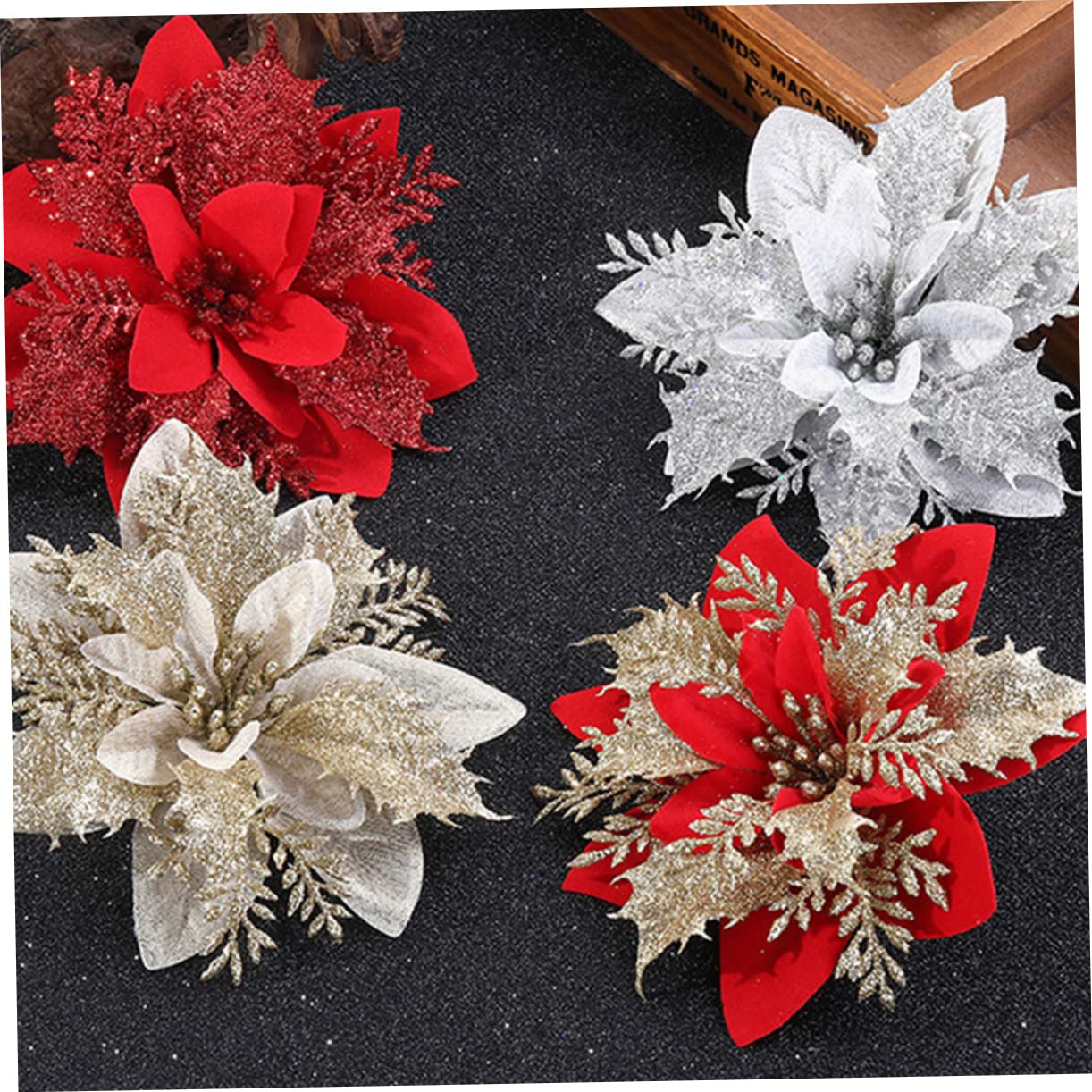 1 Ensemble 12 pièces Simulation de Fleur de noël pétale de Poinsettia Fleur de noël Faux Poinsettia de noël Ornements d'arbre de noël Fleur Artificielle décorations en Tissu Poudre