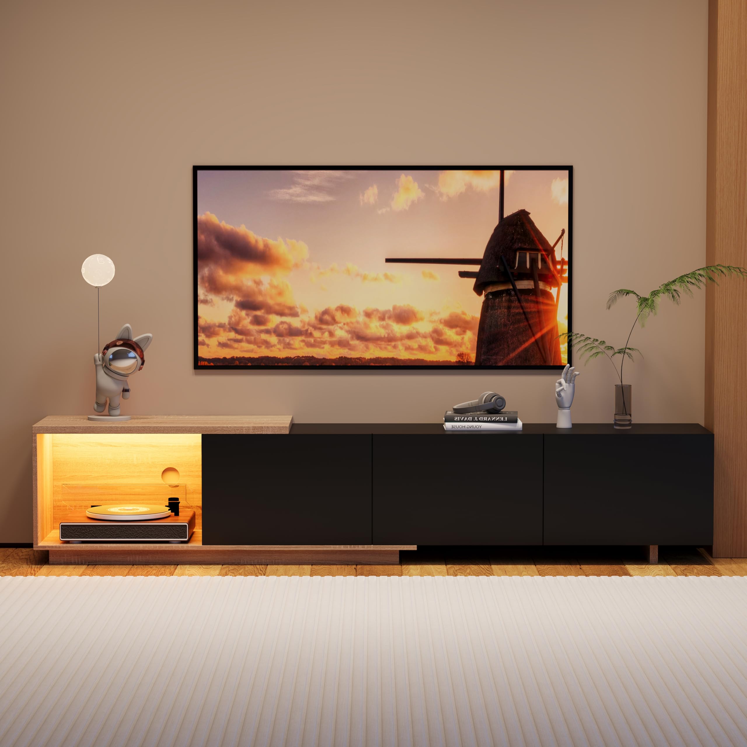 TITA-DONG TV Lowboard mit Intelligente Sensor-LED, 240cm TV-Schrank mit 3 Schubladen und Regalen, TV-Möbel mit Kabelmanagement, Fernsehtisch für Wohnzimmer, Schlafzimmer, Schwarz
