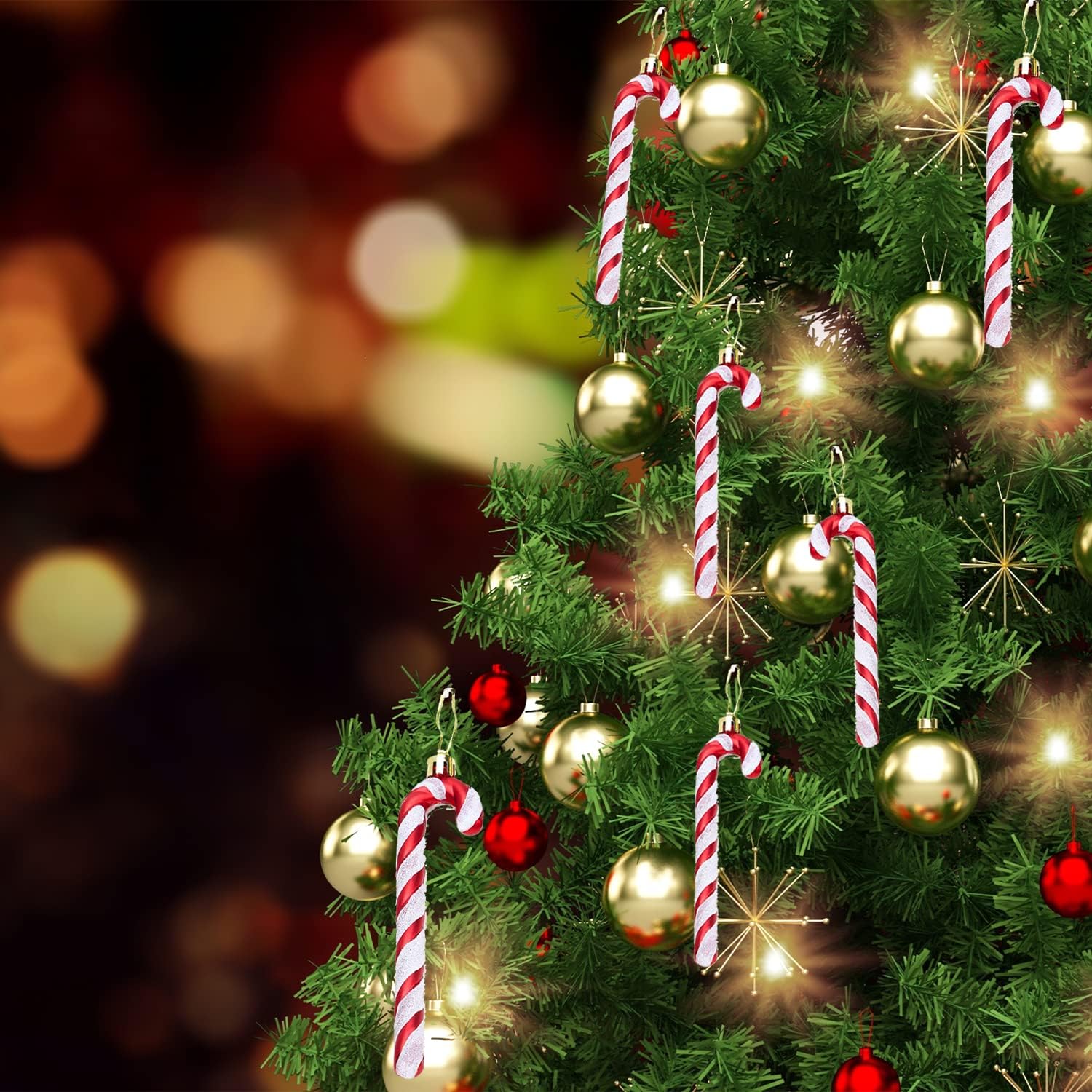 Festive Fix 6-Pack Candy Cane Baubles, Red Glitter Candy Cane Christmas Decorations, Hanging Tree Ornaments - Image 3