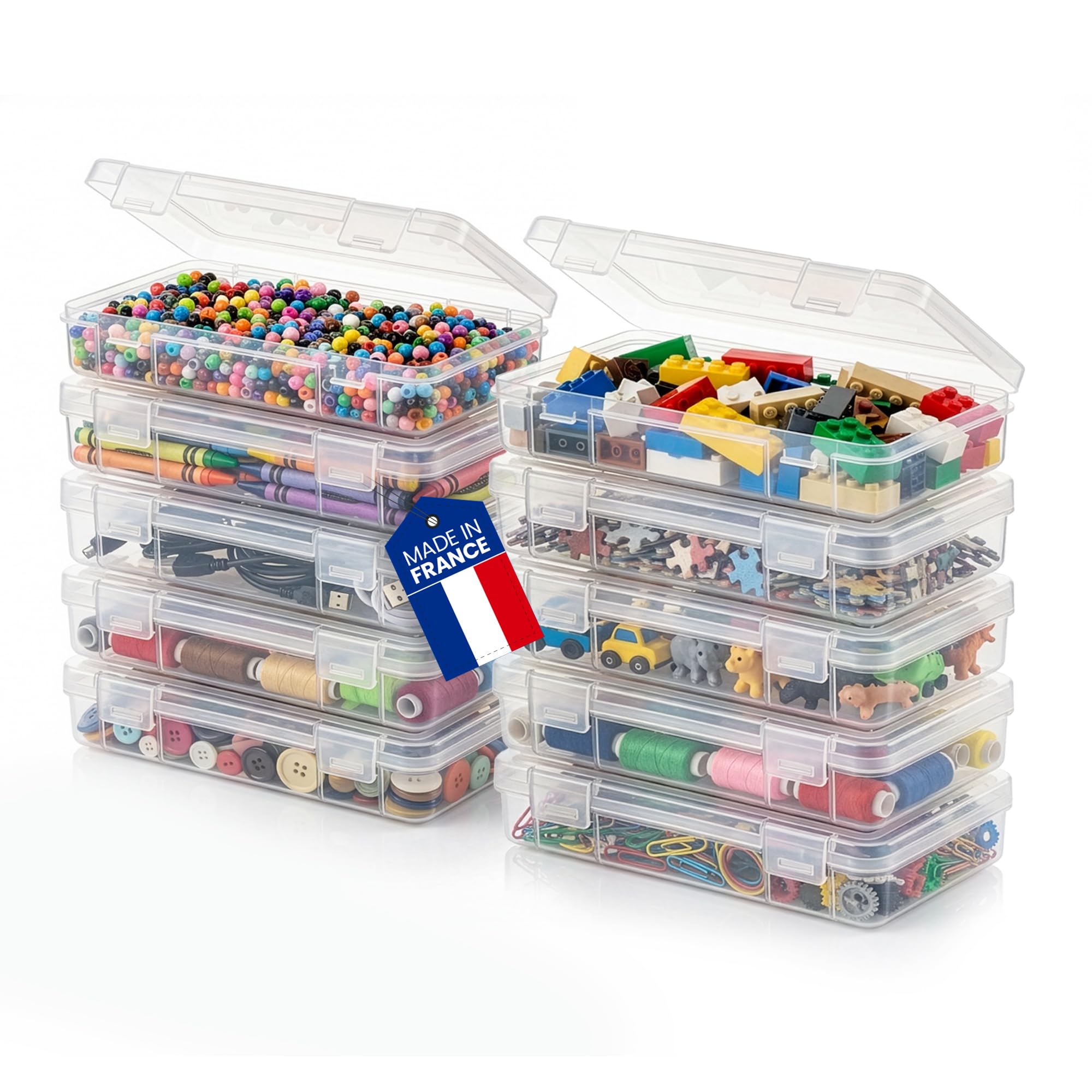 Iris Ohyama, Kleine Aufbewahrungsbox mit Klappdeckel, Plastik, 0.8L, 10er-Set, Transparent, Stapelbar, Schnappverschluss, Für Puzzle, Lego, Stifte, Bastelmaterial, Schrauben, Sans BPA, MCC-M