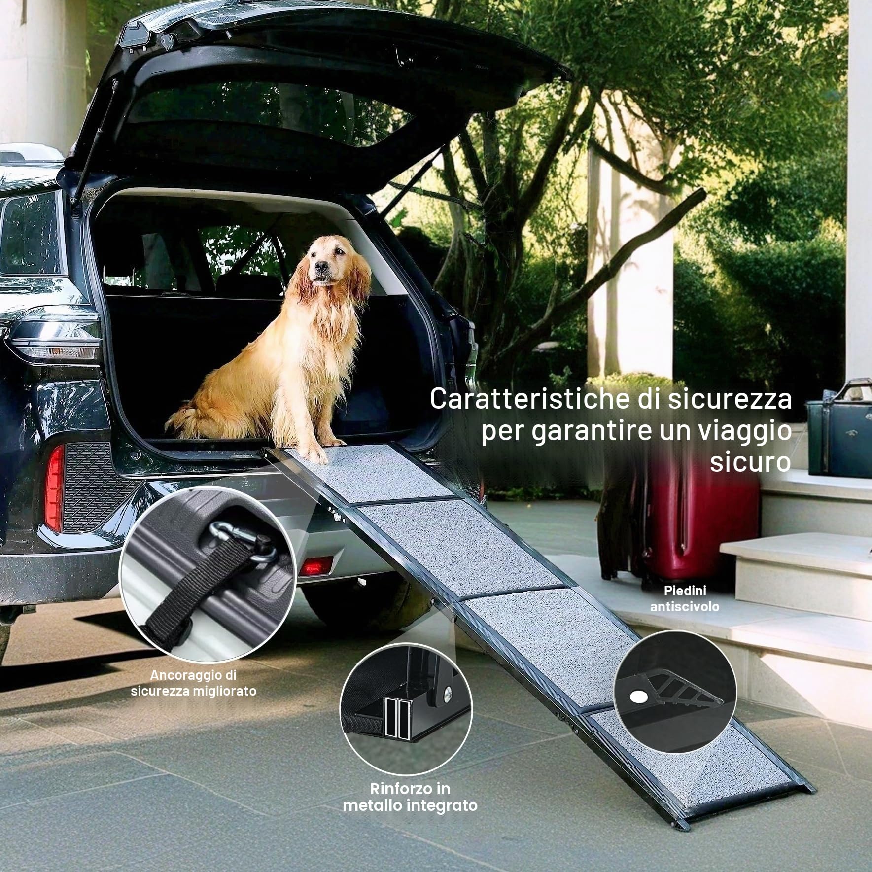 Rampa per Animali Domestici (180 x 50 cm), Rampa per Cani per Auto, SUV e Camion, 180 cm di Lunghezza e 50 cm di Larghezza, Rampa Pieghevole e Portatile per Animali Domestici con Superficie