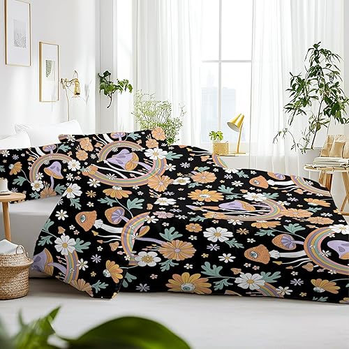 Miniatura 8 de SOULZZZ Juego de ropa de cama retro hippie tamaño matrimonial, funda de edredón con diseño floral de hongos y margaritas para niñas y mujeres, funda