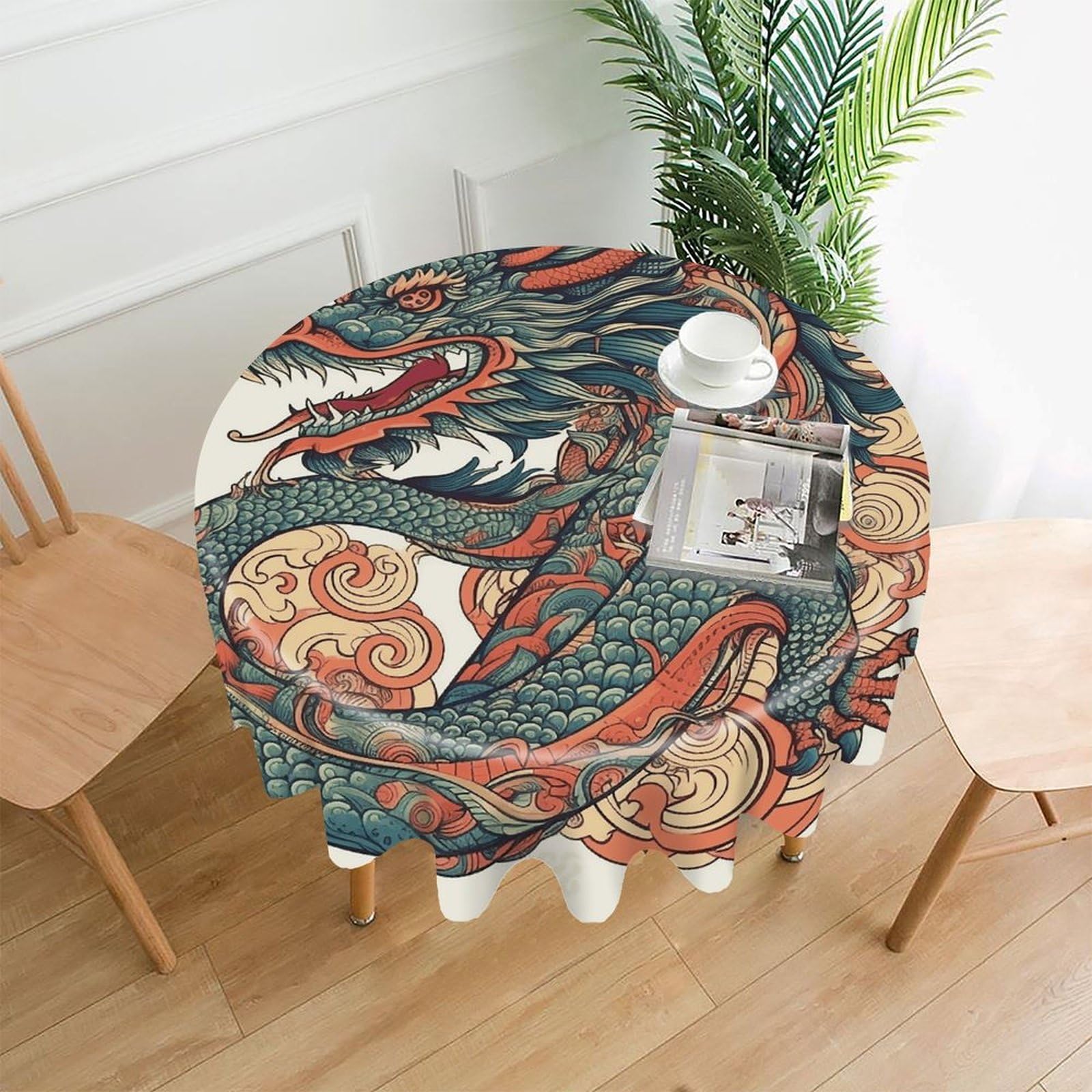 LZQPOEAS Red and Cyan Dragon Tablecloth Decorative Round Table Cloth Wrinkle Resistant Round Tablecloth Washable Circle Table Cover for Kitchen Dining Party Wedding Camping 60 Inch