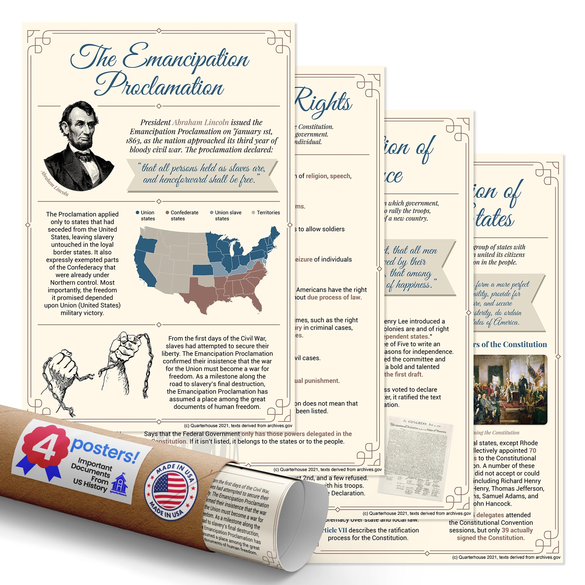 Quarterhouse 4 Poster US History Documents Set, Social Studies Classroom Learning Materials for K-12 Students and Teachers, 12 x 18 Inches, Made in USA