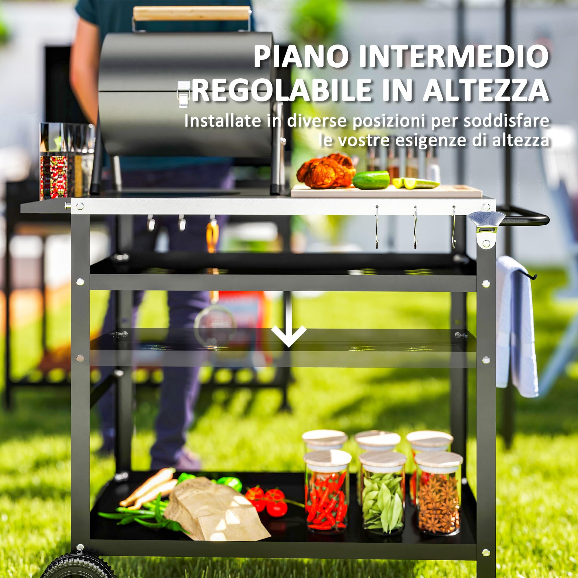 Outsunny Carrello Barbecue con Piano in Acciaio Inox e Ripiano Regolabile, Isola Cucina da Esterno per Forno Pizza con Ruote, 6 Ganci, Porta Canovacci e Copertura di Protezione, 100x52x80 cm, Nero