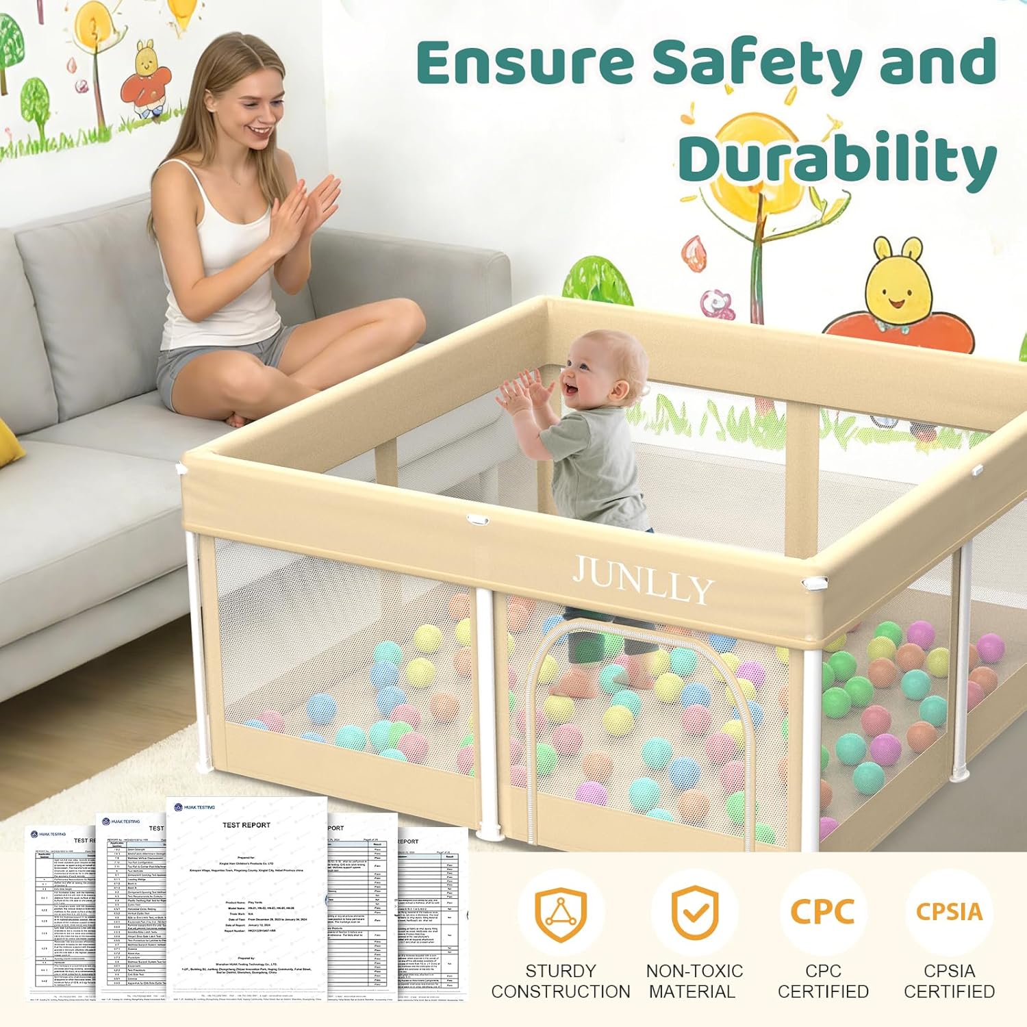 Foldable Playpen for Babies and Toddlers - 50x50 Inches Playpen with Mat - Kids Collapsible Playard with Storage Bag for Indoor & Outdoor - Baby Fence with 30 Ball & Gate - Khaki