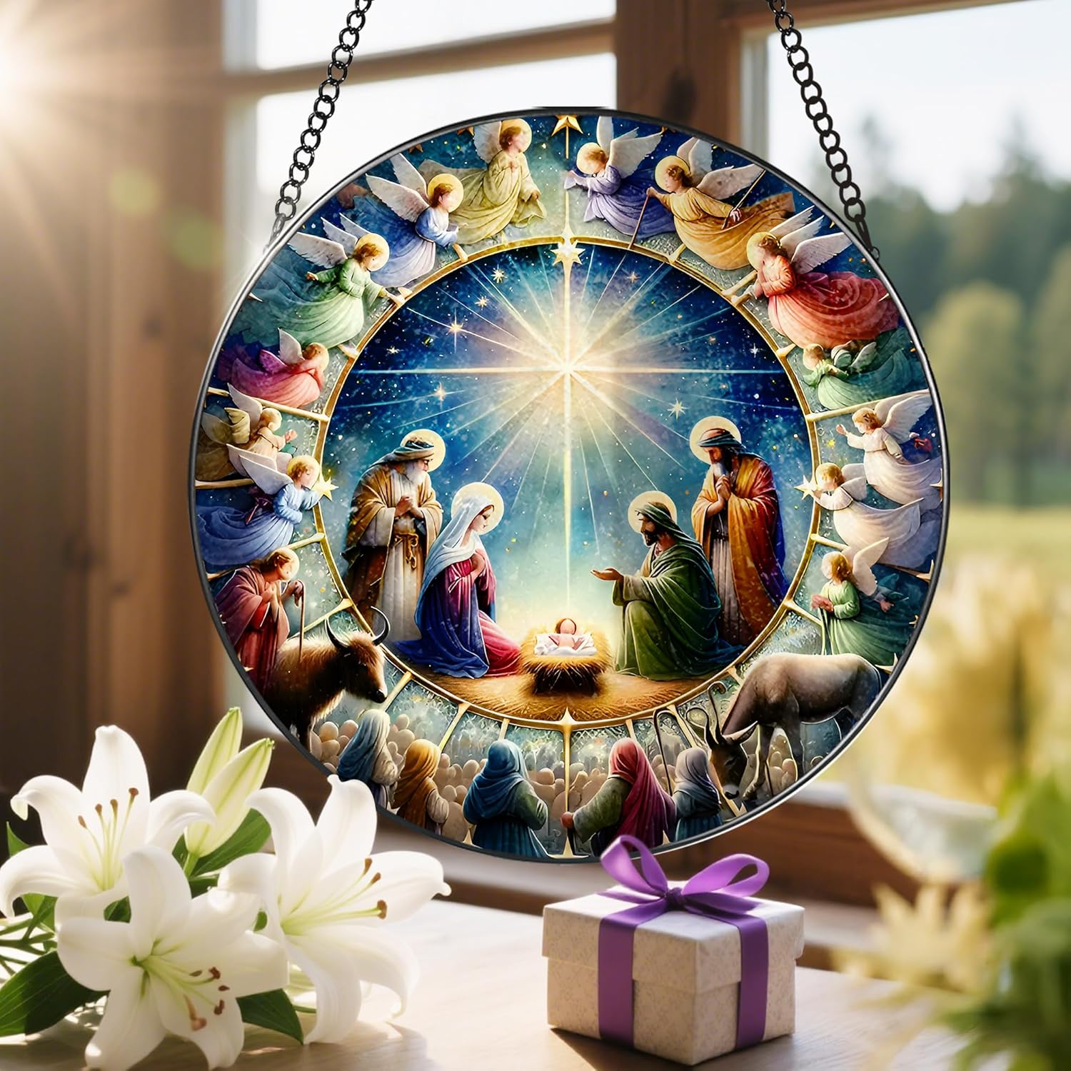 Stained Glass Window Hanging, LAOWEIKI 8'' Nativity Scene Suncatcher, Stained Glass Ornament, Window Decor, Outdoor or Indoor, Christian Gifts, Religious Gifts for Women - Image 6