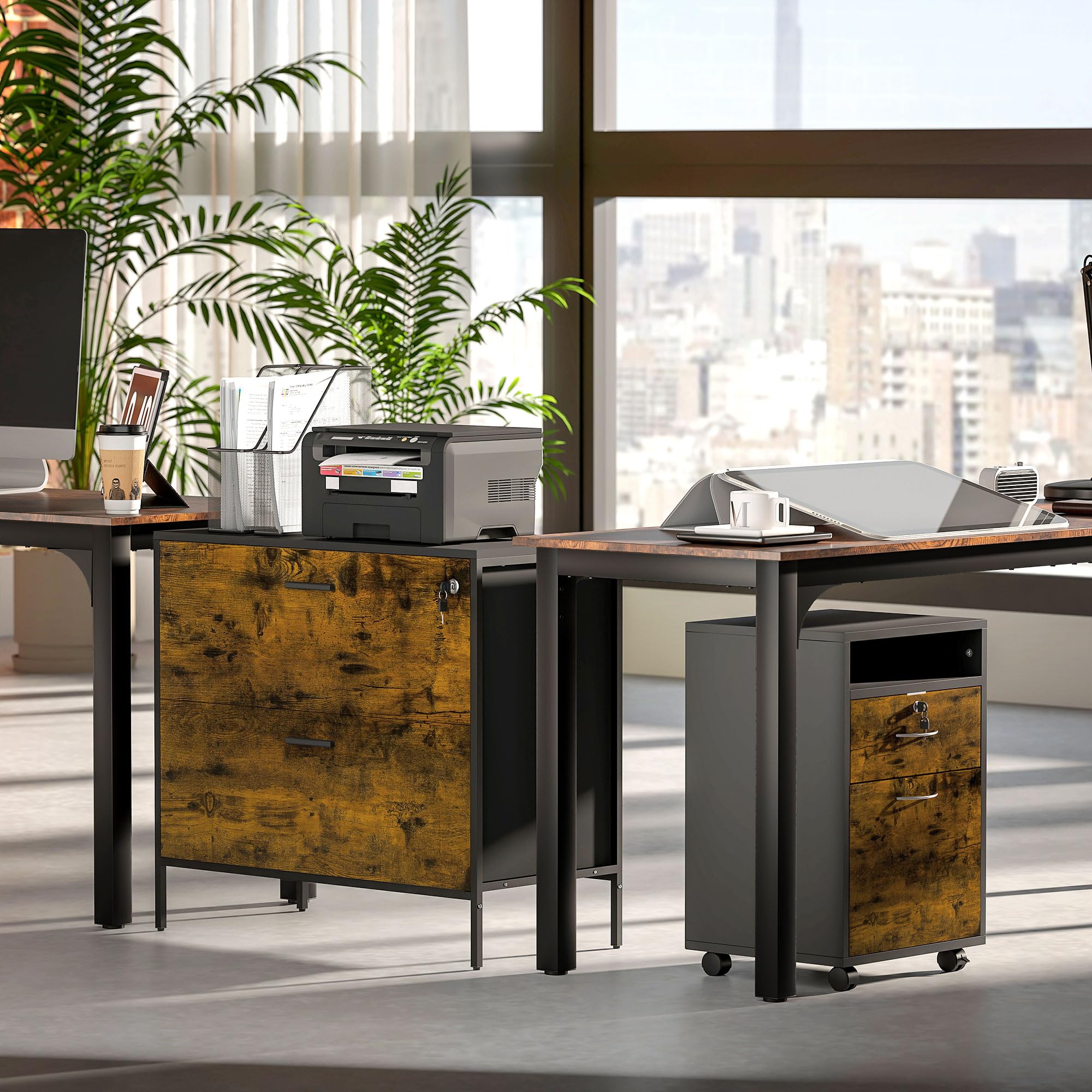 HOMCOM Cassettiera da ufficio industriale con 2 cassetti e serratura cassetto per raccoglitori con cartelle sospese, dimensioni A4, 80 x 39 x 73,5 cm, marrone