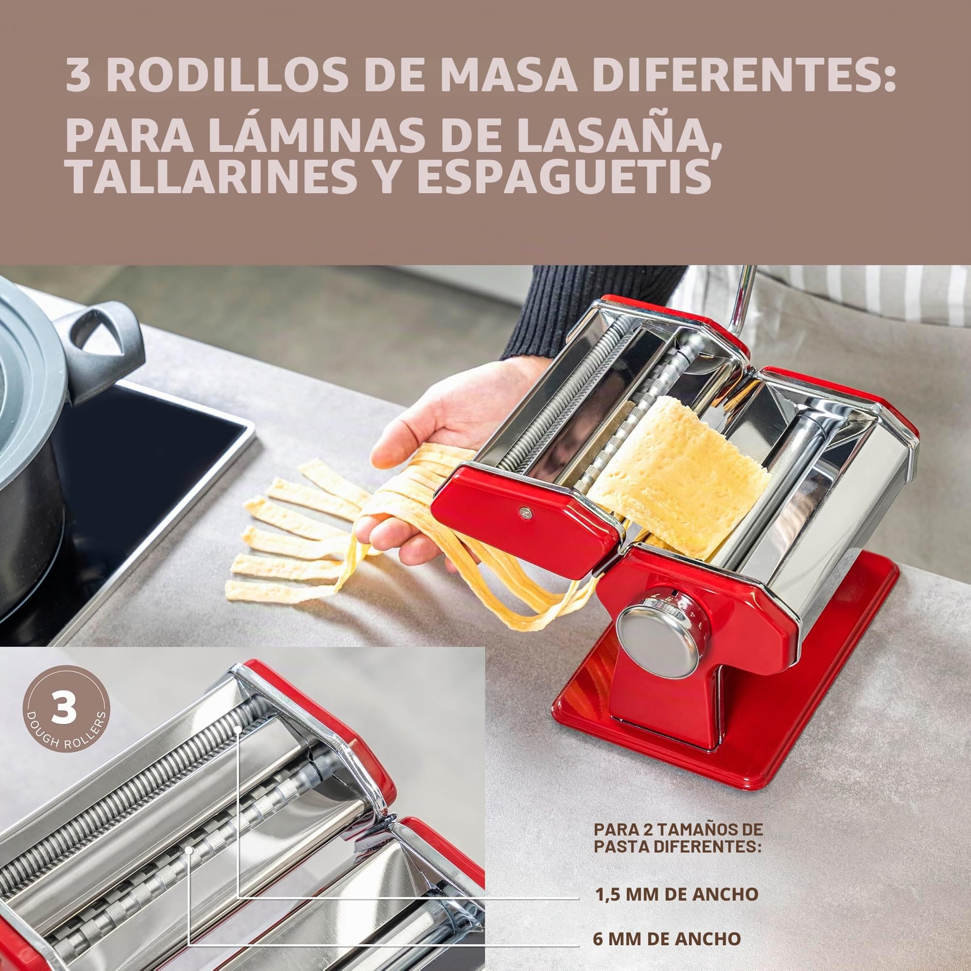 bremermann Máquina de Pasta para Espaguetis, Pasta y lasaña (7 Niveles), máquina de Pasta, Hacedor de Pasta (Rojo)