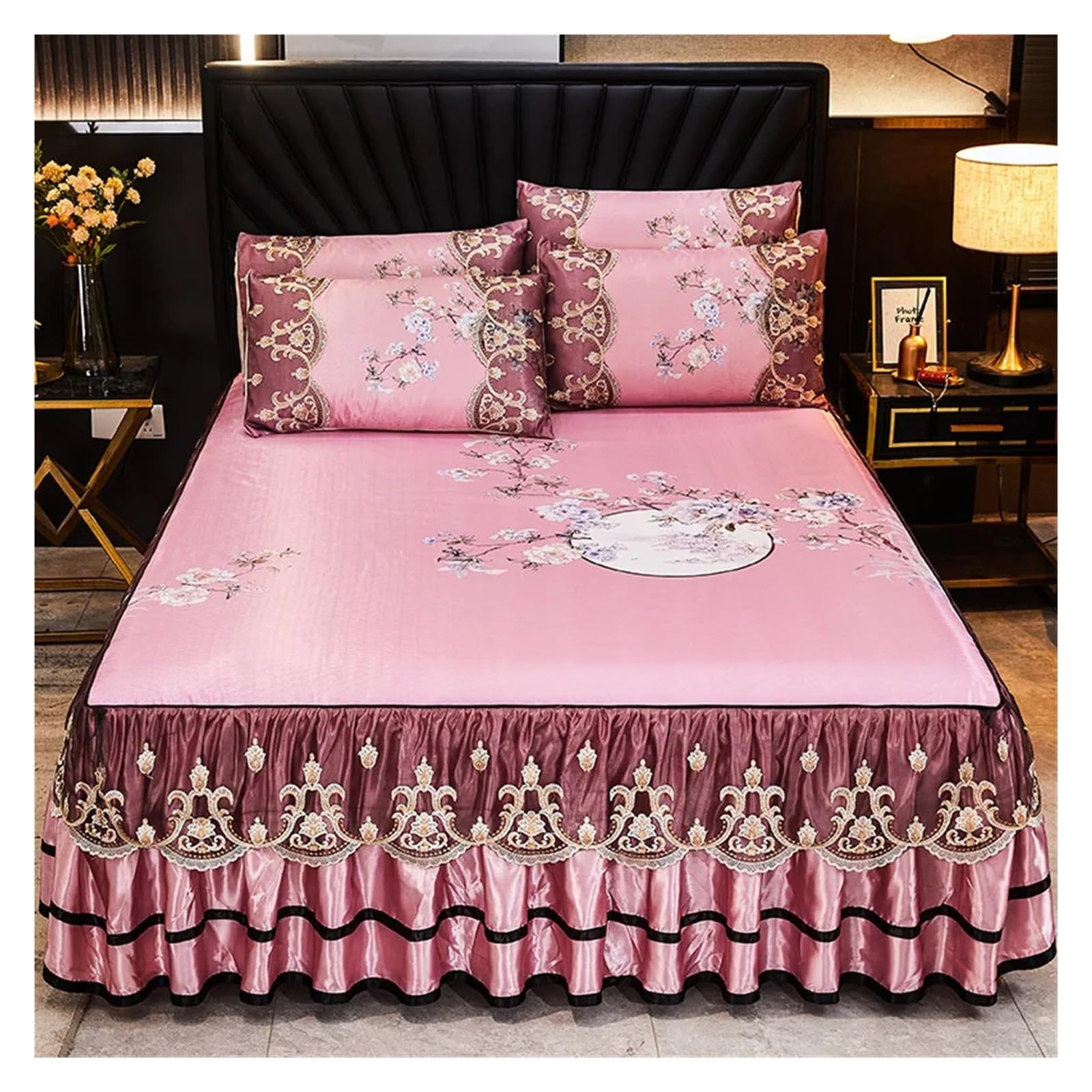 Lace Smooth Cool Summer Bedspread Thick Home Bed Skirt + Pillowcase Bed Sheets Embroidery Bed Spreads(Color-04,200x220cm 3pcs)