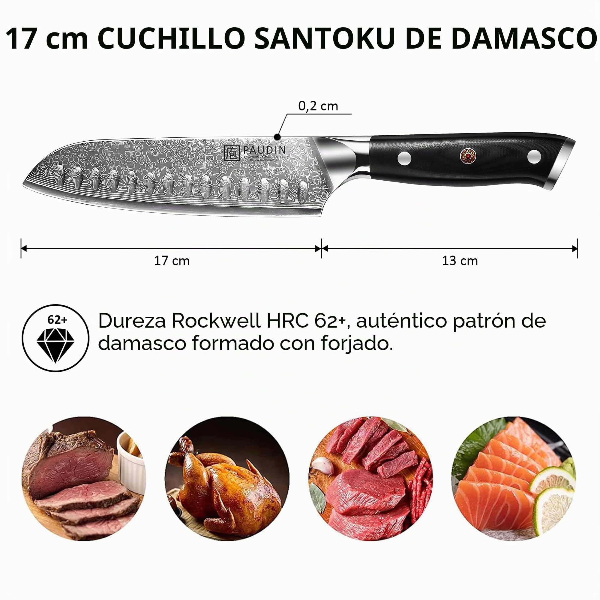 PAUDIN Cuchillo Santoku Damasco 17 cm, cuchillo de cocinero ultra afilado de 67 capas de acero Damasco con alma japonesa VG10, cuchillo de cocina profesional con mango ergonómico G10