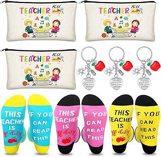 9 Pcs Teacher Appreciation Christmas Gifts Set, Includes 3 Teacher Survival Kit Bags 3 Teacher Appreciation Socks 3 Teacher Keychains Teacher Gifts Bulk for Teacher's Day Graduation (Cartoon Style)