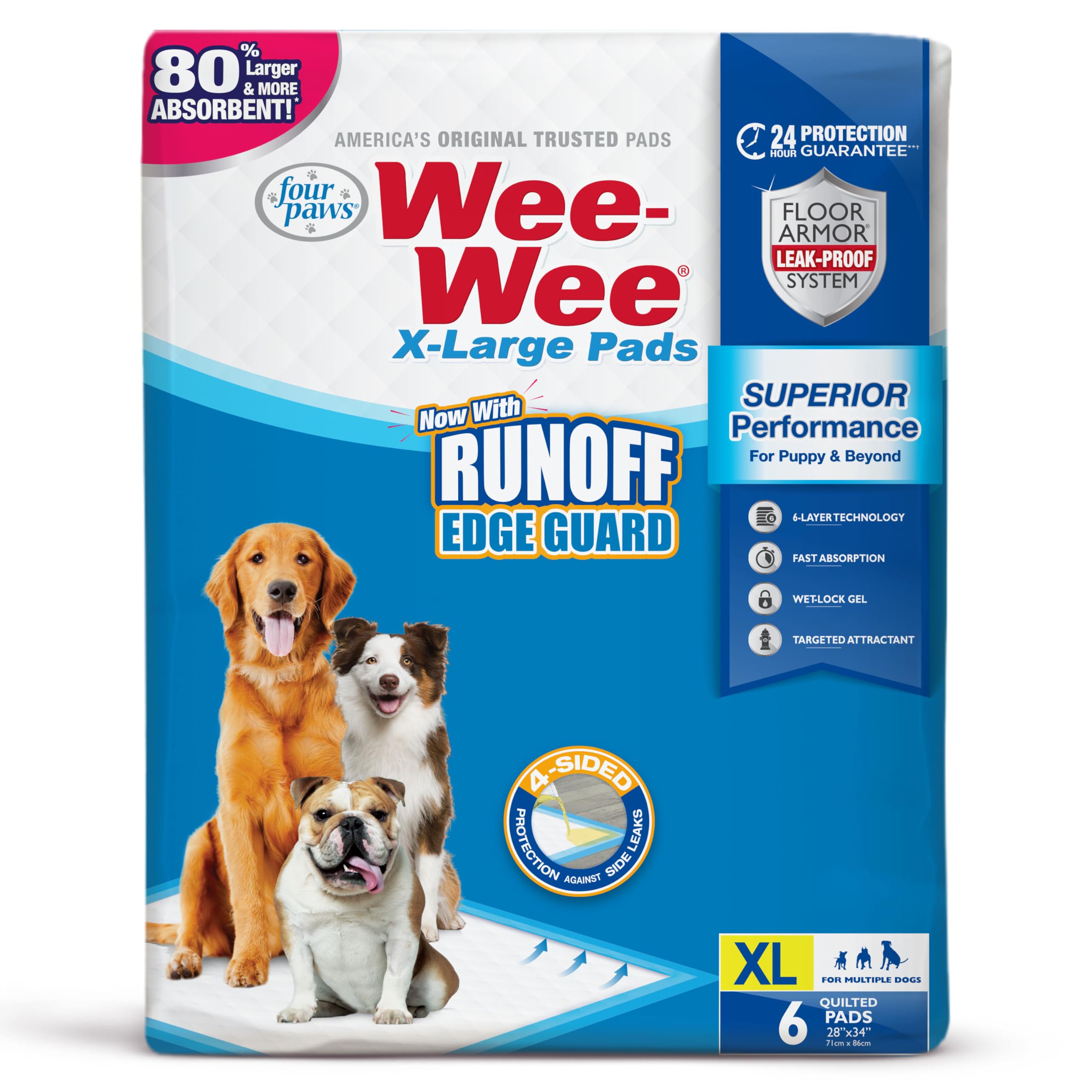 Four Paws Wee-Wee Superior Performance Pee Pads for Dogs with Runoff Barrier Edge Guard Protection, Puppy & Dog Potty Training Pads, Housebreaking Supplies, 28" x 34" (6 Count)