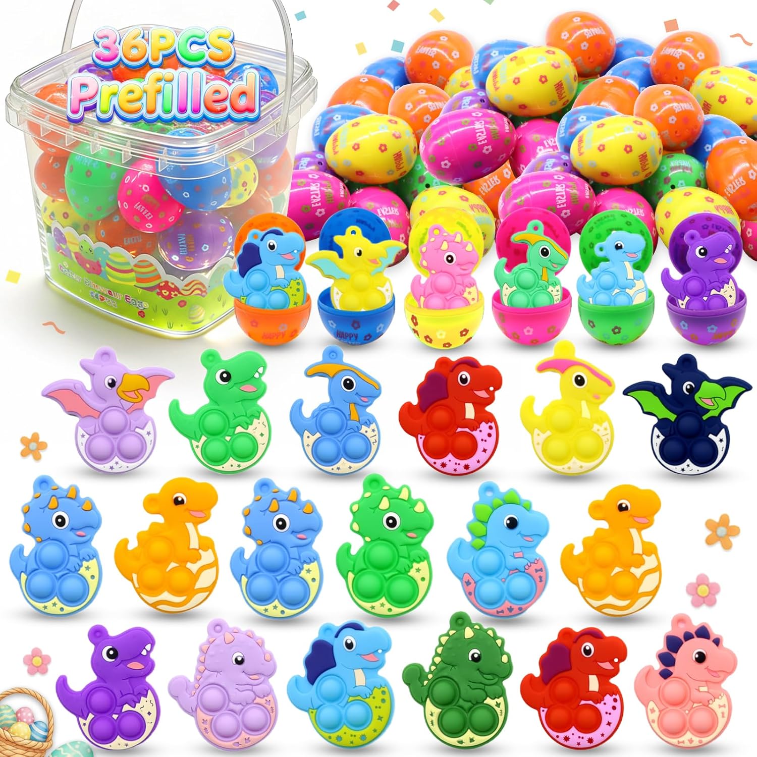 BicMan 36 Pack Prefilled Easter Eggs with Dinosaur Pop Fidget Toys, Easter Egg Hunt Basket Stuffers for Kids, Easter Classroom Party Favors Prizes