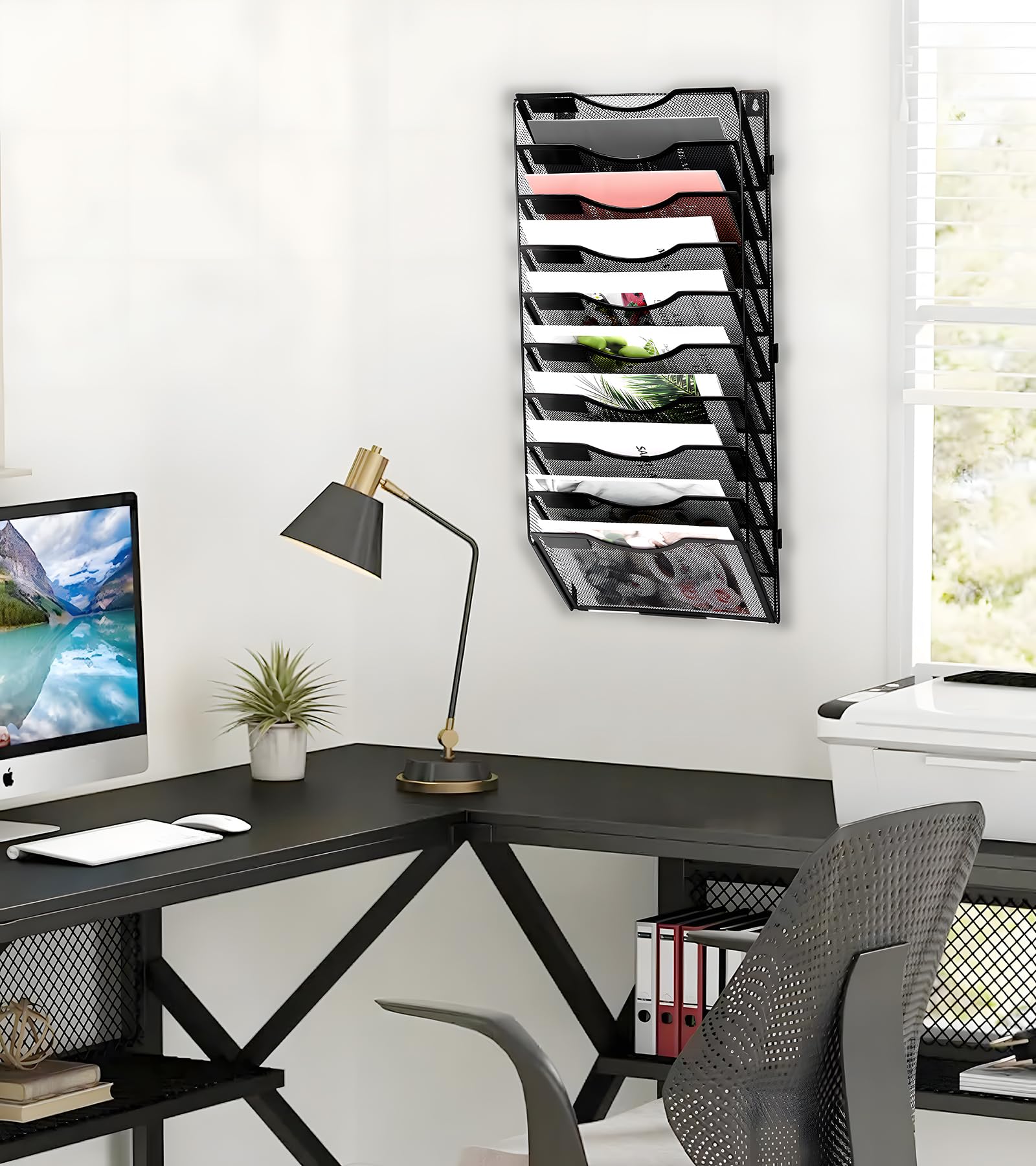 EasyPAG Organizer da parete con 10 tasche per ufficio, in metallo, per cartelle e riviste, nero (10 livelli)