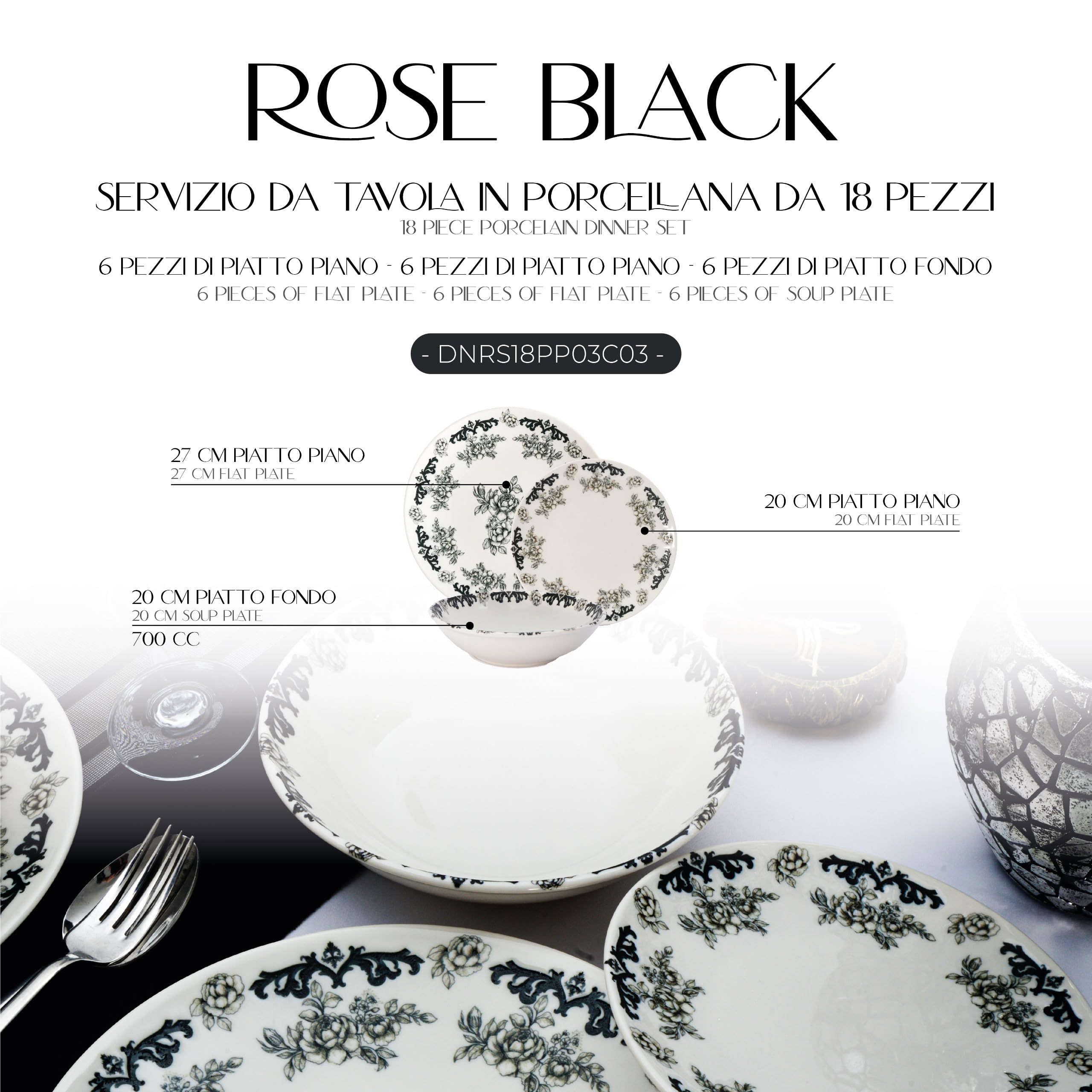 Set piatti ROSE BLACK | 18 pezzi floreali porcellana moderna per cene eleganti