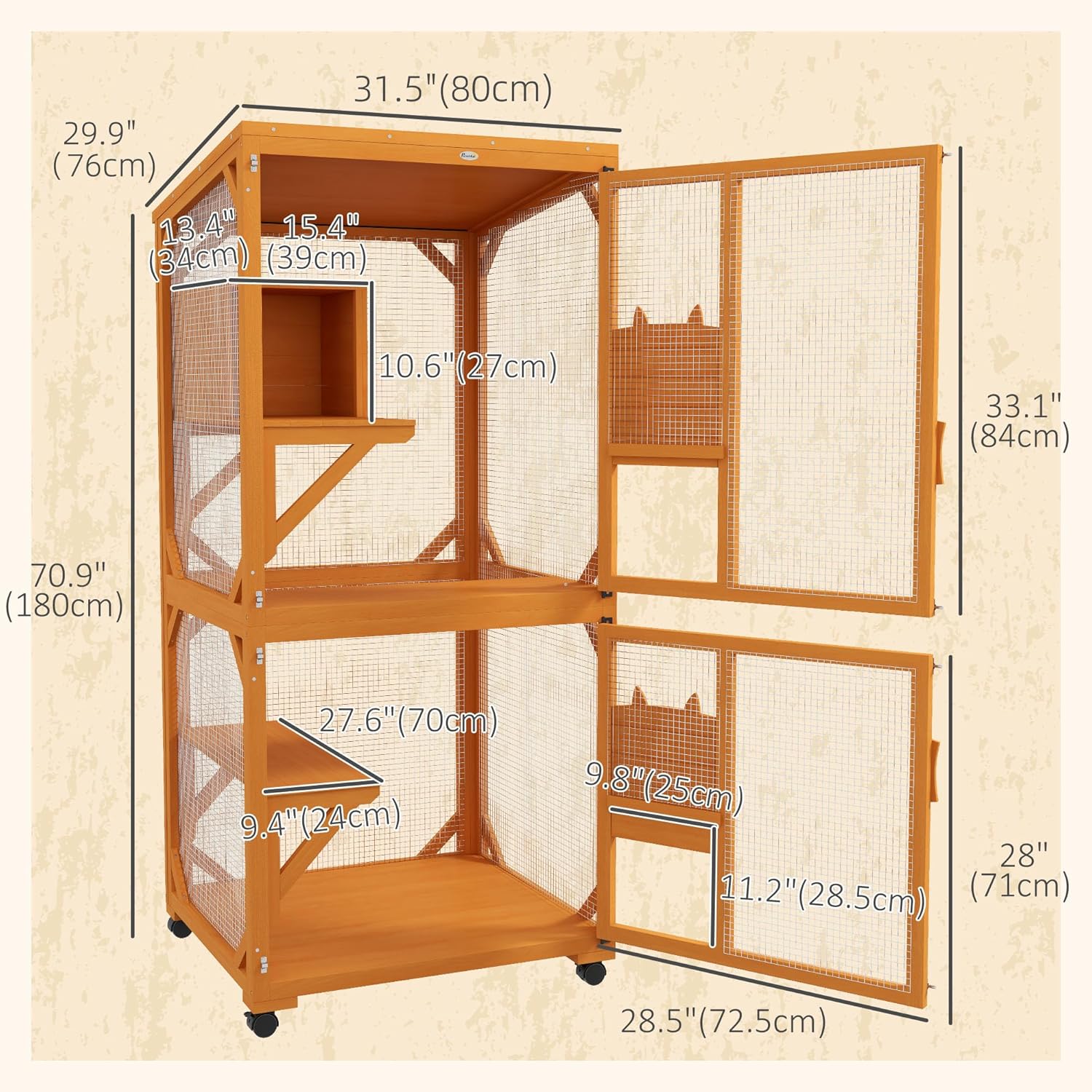 PawHut Wooden Catio with Waterproof Roof, Large Cat House with High-Up Resting Box, Indoor & Outdoor Cat Enclosure with Wheels, for 1-3 Cats, Orange