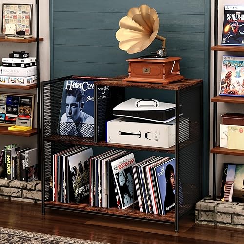Miniatura 4 de Soporte para tocadiscos de 3 niveles con capacidad para hasta 300 álbumes con 4 divisores ajustables para soporte giratorio, mesa grande de