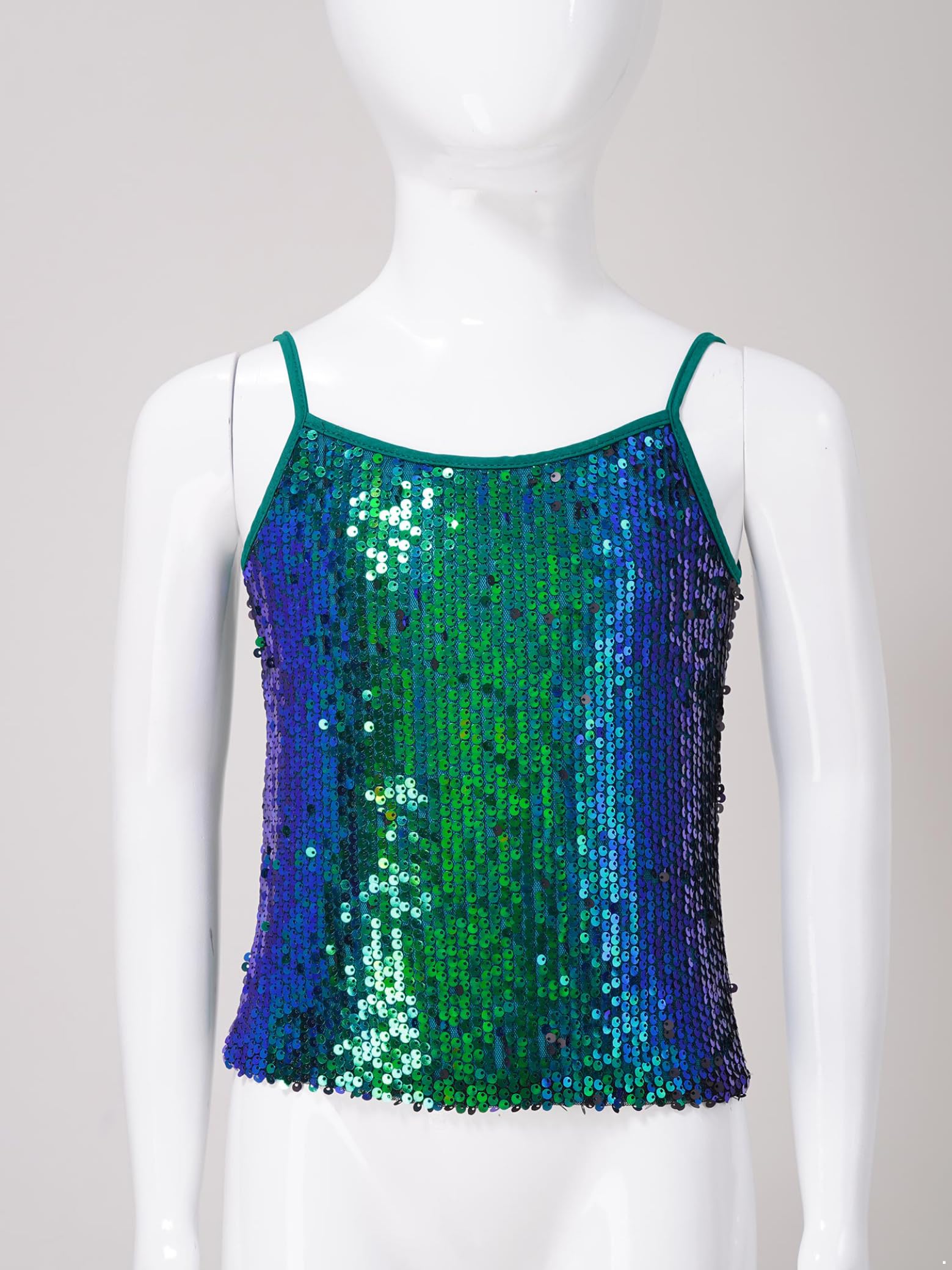 Sxiwei Błyszcząca koszulka dziewczęca z cekinami, podkoszulek tank top, ramiączka, koszulka typu spaghetti, koszulka na ramiączkach, jazz, taniec, krótki kostium do tańca