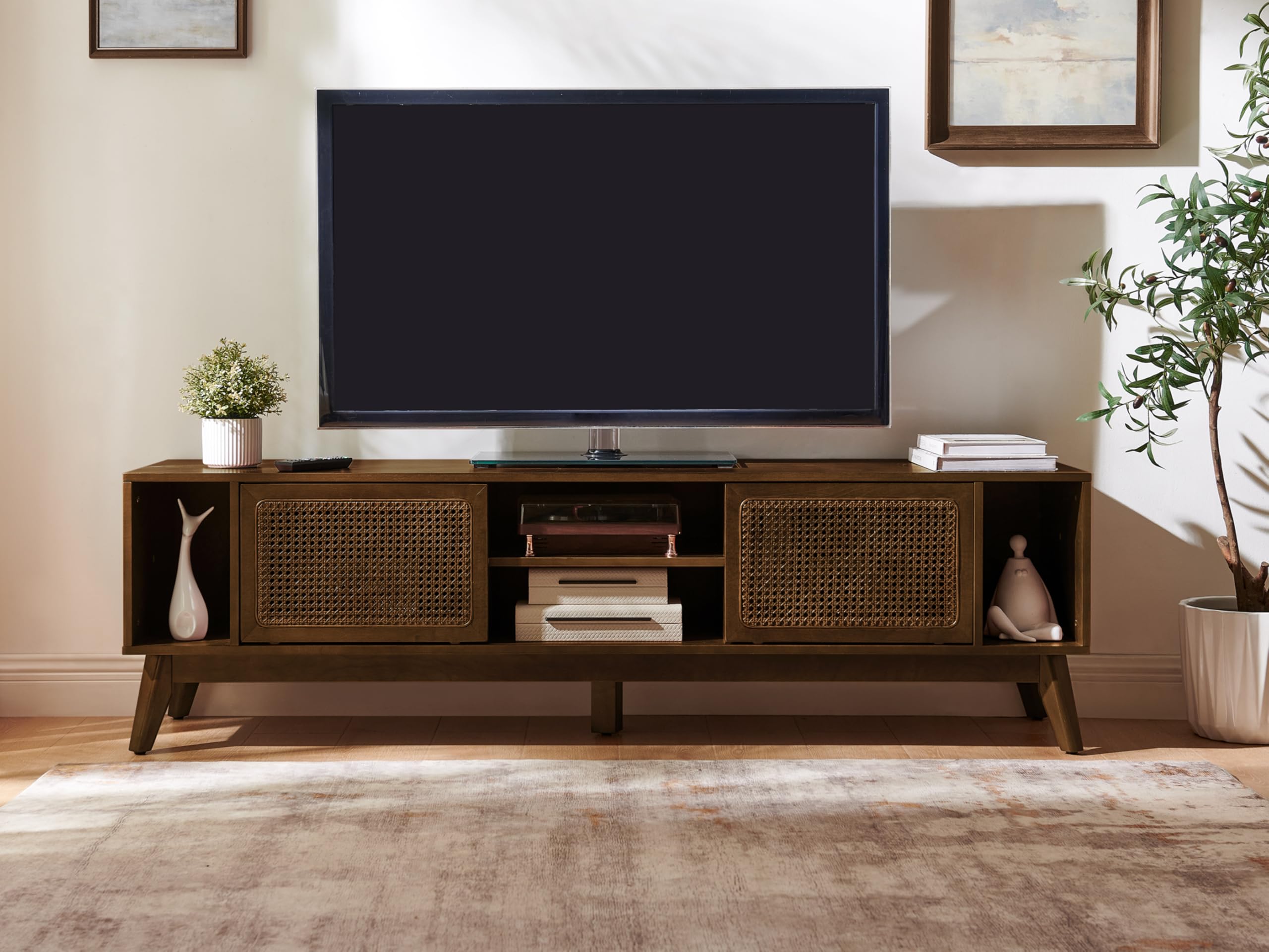LKTART 68 Inch Mid Century Modern TV Stands with Rattan Doors,MCM Entertainment Center Media Console for 60/65/70/75 inch TVS,Long Boho Television