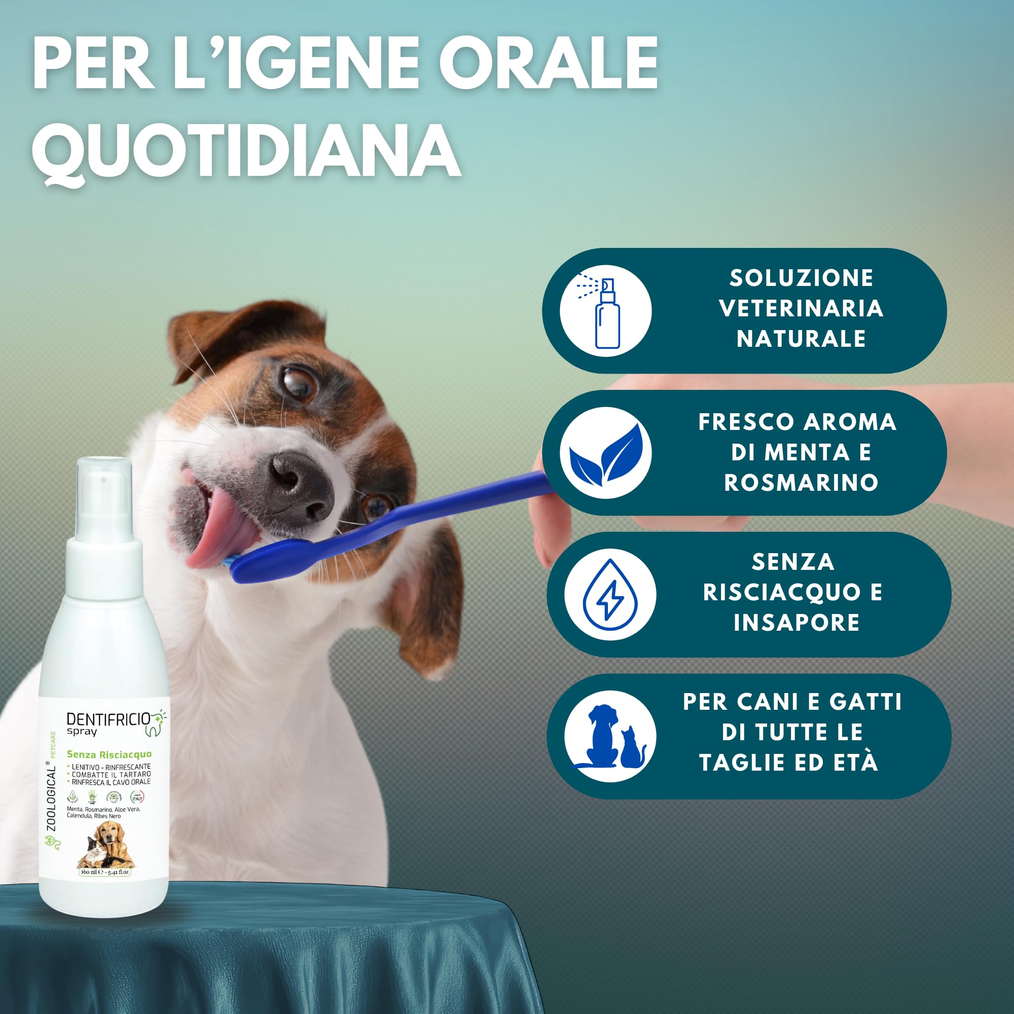 Dentifricio Spray per Cani e Gatti 160ml - Pulizia Denti Gengive Tartaro - Rinfresca Alito Menta Rosmarino