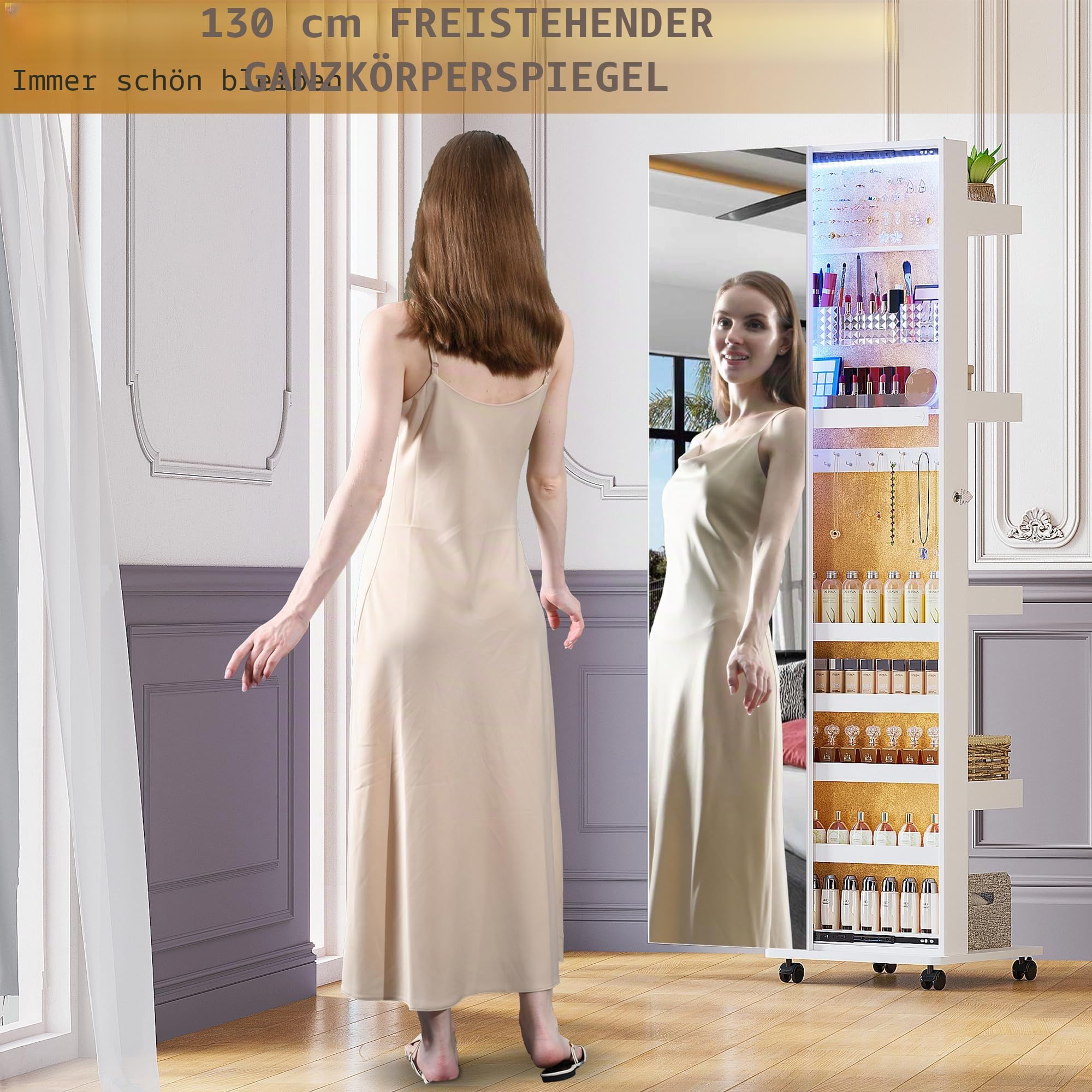 Lvifur 360° drehbarer Schmuckschrank mit 3-Farben-LED, abschließbarer Schmuckschrank mit verschiebbarem Ganzkörperspiegel, freistehender Spiegelschrank für Wohnzimmer und Schlafzimmer