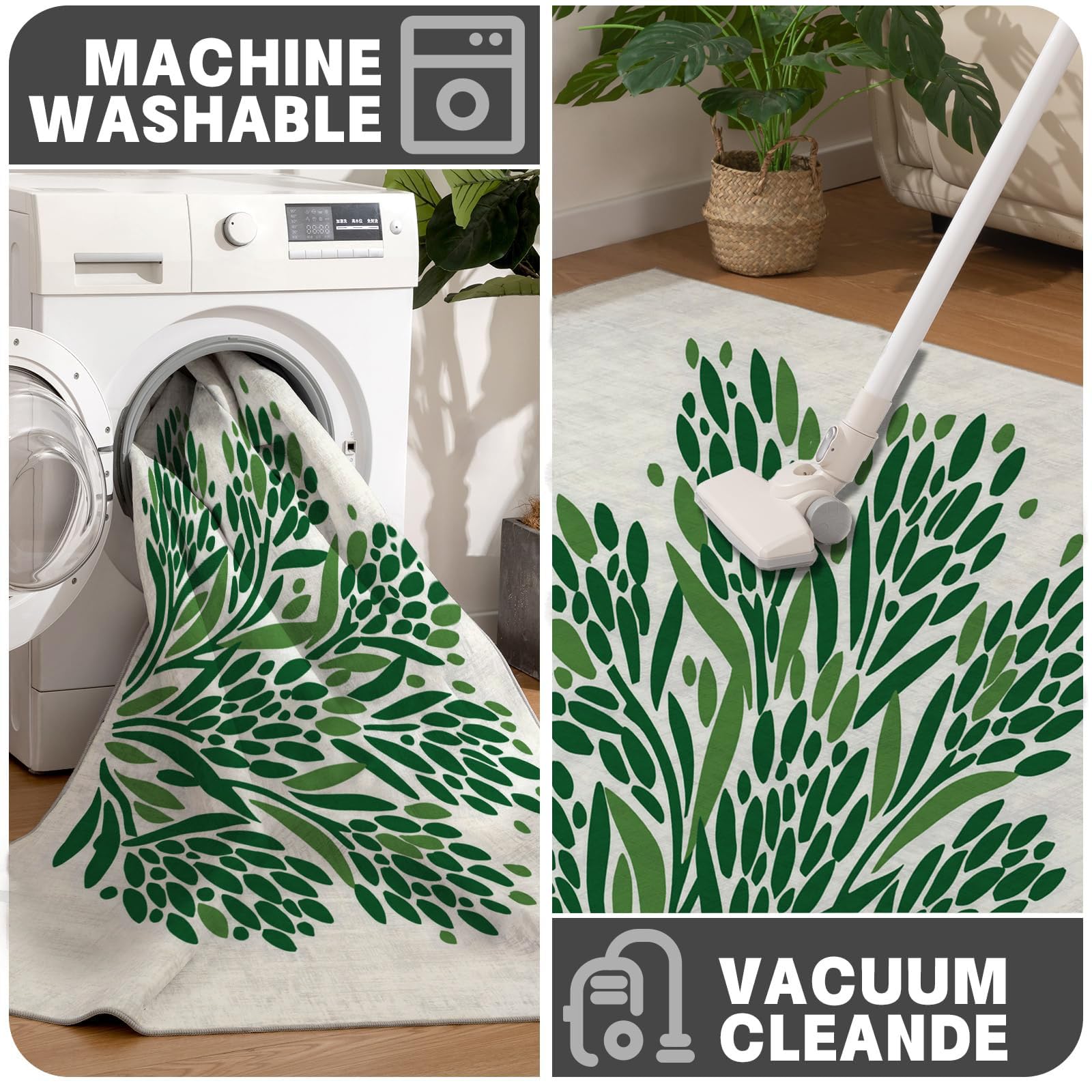 Tapis Entree Interieur Bohème Abstrait 80x120cm Lavable en Machine, paillasson AntidéRapant Poil Ras, Plante Feuille pour Chambre Salle a Manger Cuisine, Vert