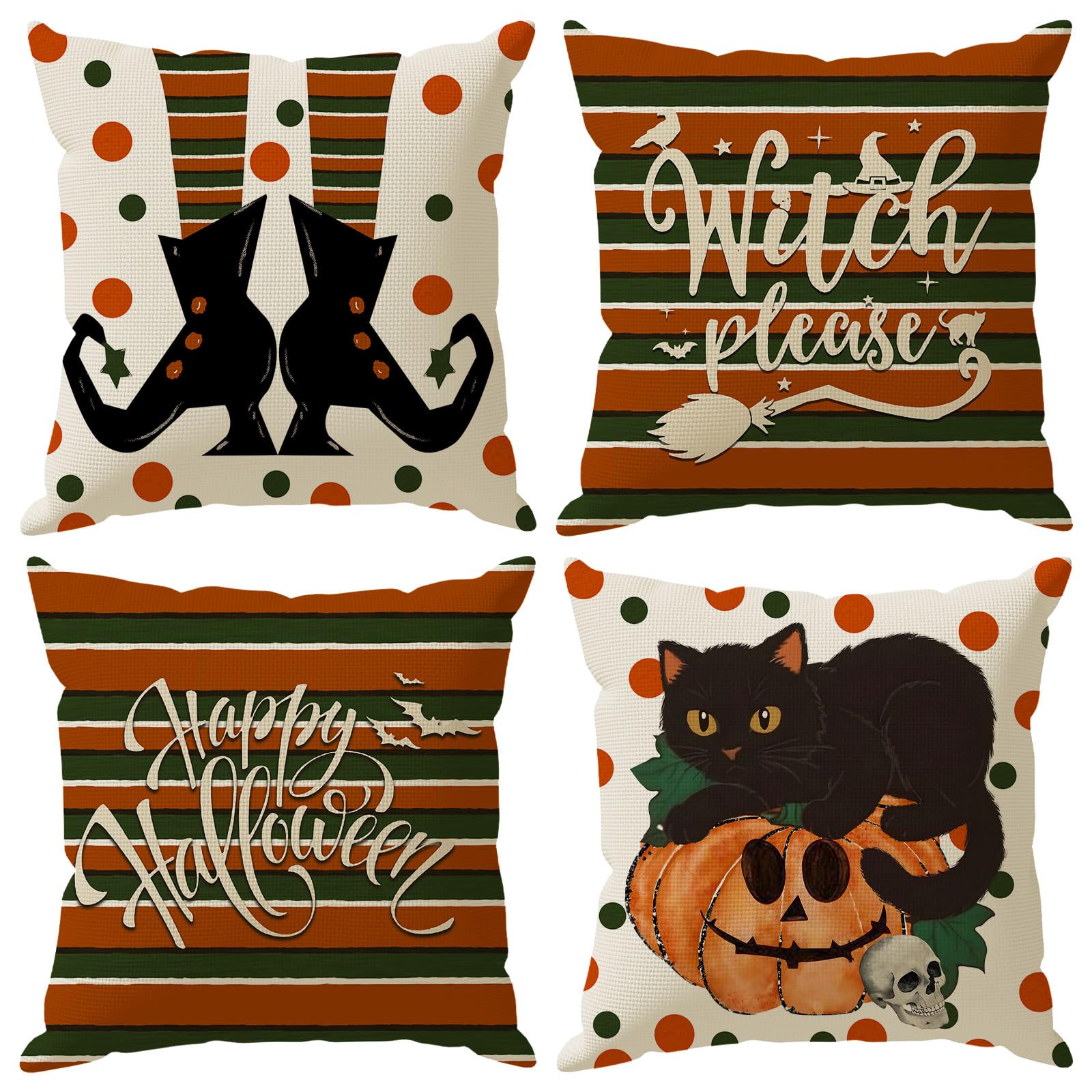 ZAEW Happy Halloween Pillow Covers Witch Please Cat Pumpkins Throw Pillow Cases Set of 4 Autumn Decorations for Farmhouse Home Bedroom Sofa Couch