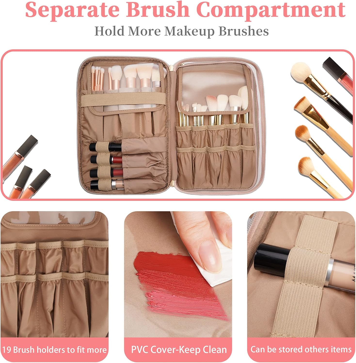 KIPBELIF Exquisite Large Travel Makeup Bag - Double Layer Makeup Case Organizer with Carry Handle, Cosmetic Bag with Top Layer for Brushes, Tweezers, Eyeliner, Pink : Beauty & Personal Care