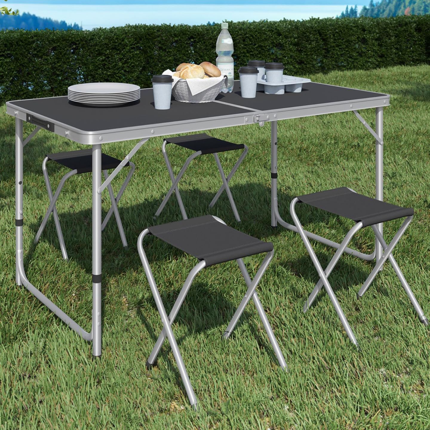IDMarket - Table de Camping Pliante d'appoint 120 cm réglable en Hauteur et 4 tabourets Noirs