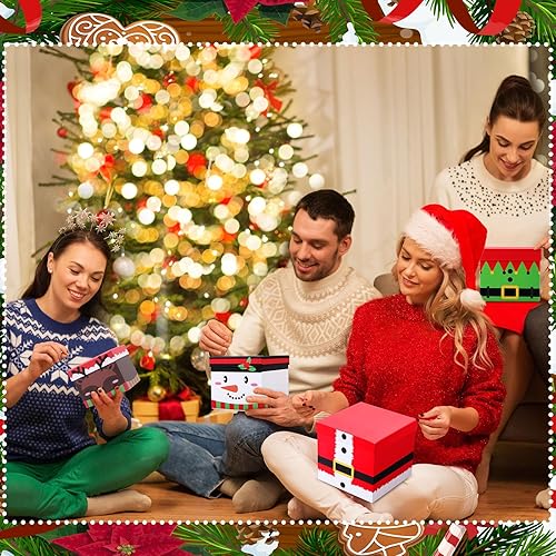 Miniatura 7 de TaoBary 4 cajas de regalo de Navidad rígidas apilables con tapas, alce, Papá Noel, muñeco de nieve, elfo, decoración anidada para Año Nuevo,
