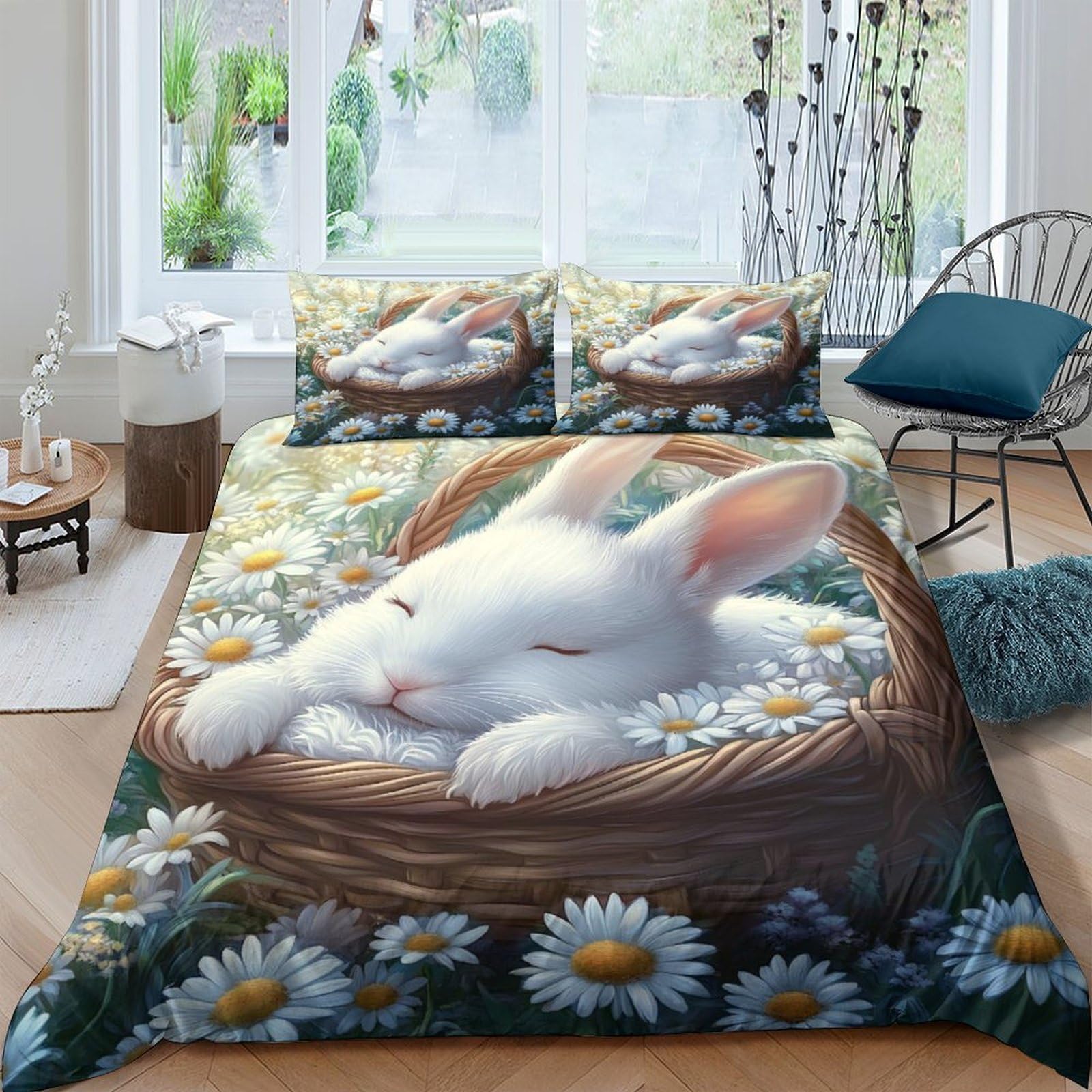 Ctjqhvkz Style-5 3D Printed Bunny In Daisy Basket Fitted Sheet Microfiber Soft Breathable Rabbit Bed Sheet For Bedroom Guest Room Decor Single（135X200cm）