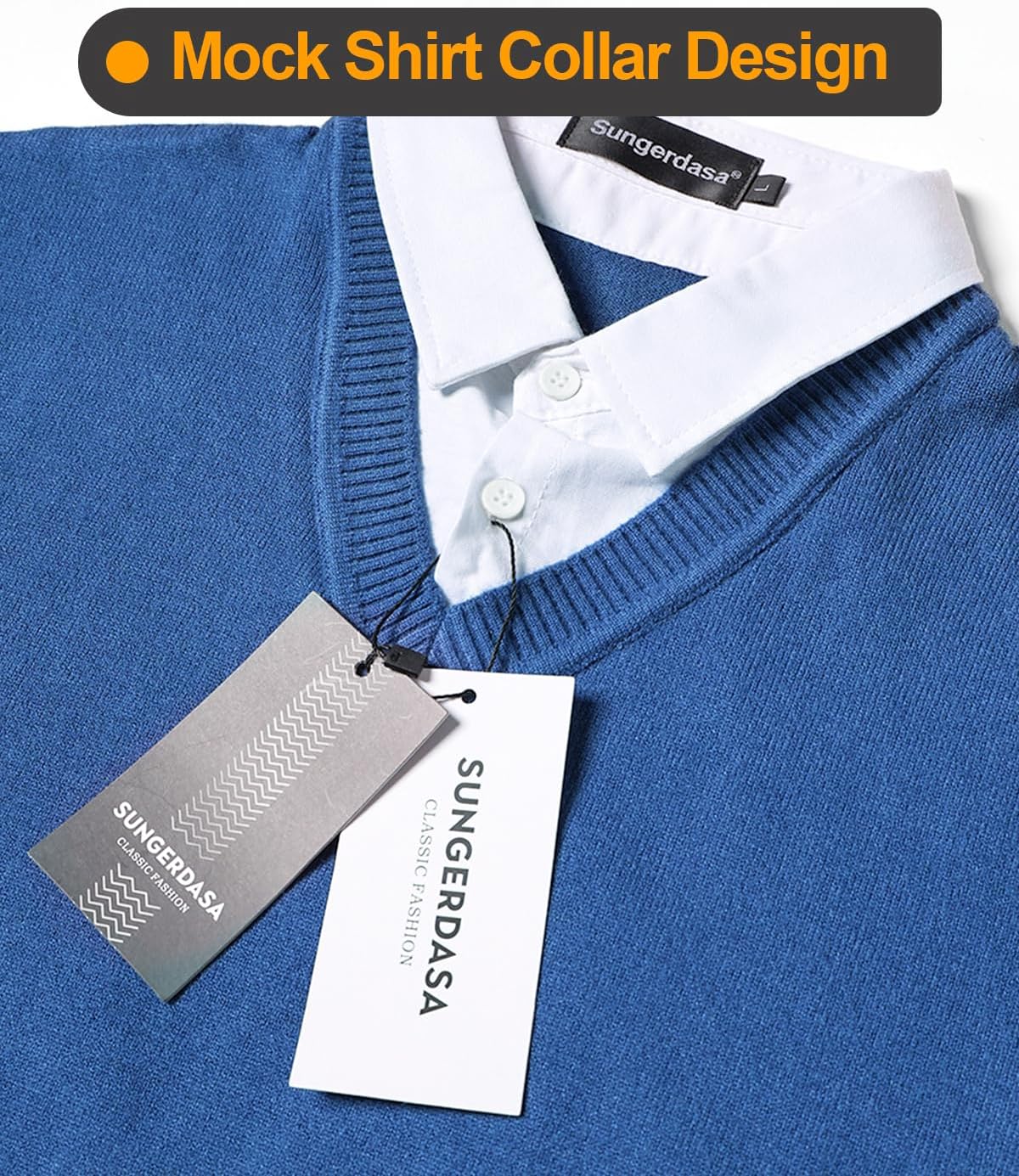 Men's Sweater with Mock Shirts Collar 2 in 1 V-Neck Knitted Pullover Classic Solid Sweaters - Image 4