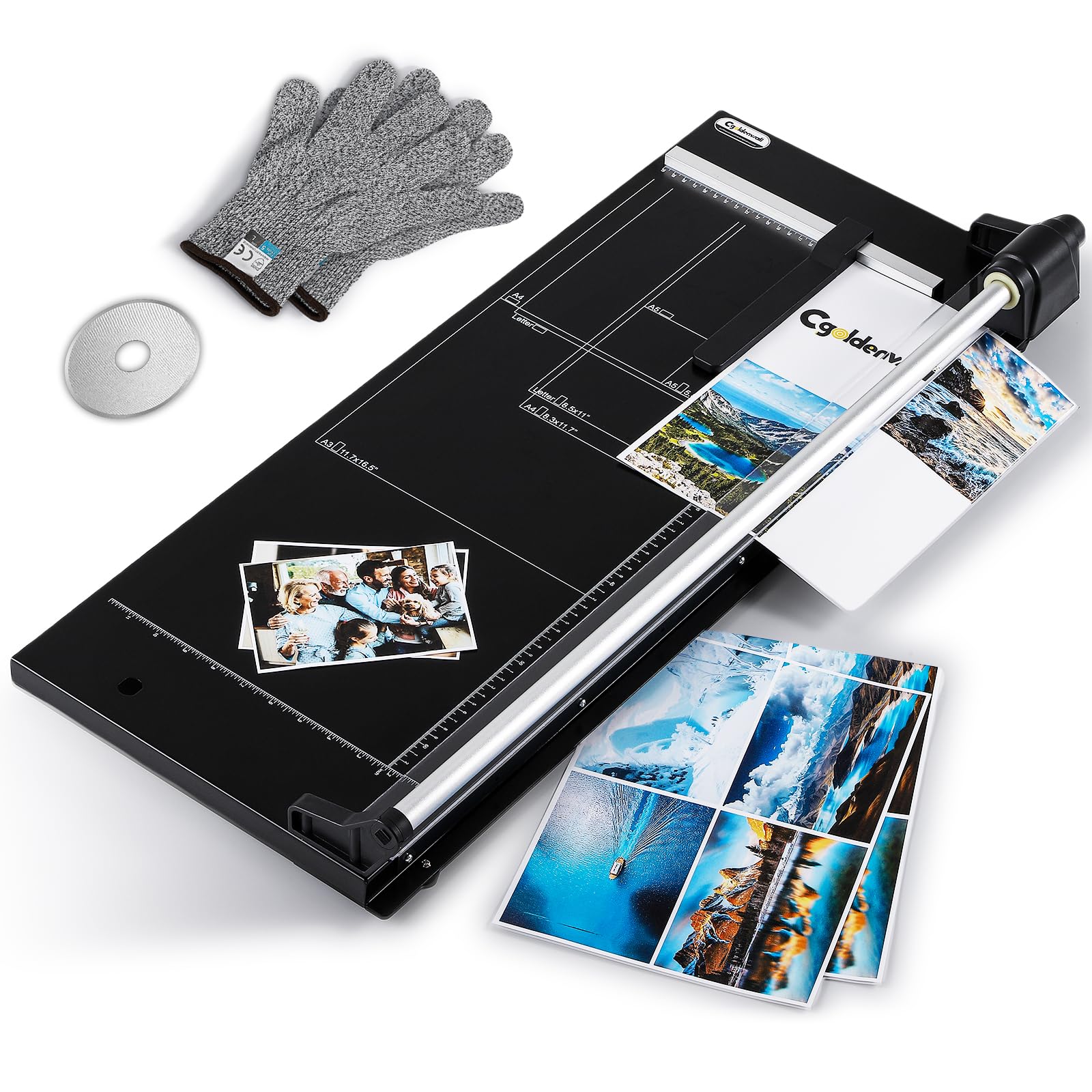 CGOLDENWALL A2 Rotary Paper Trimmer, 12 Sheets, w/Extra Blade & Gloves, for Cardstock Photo, Heavy Duty Paper Cutter for Offices Schools Crafts (24.8