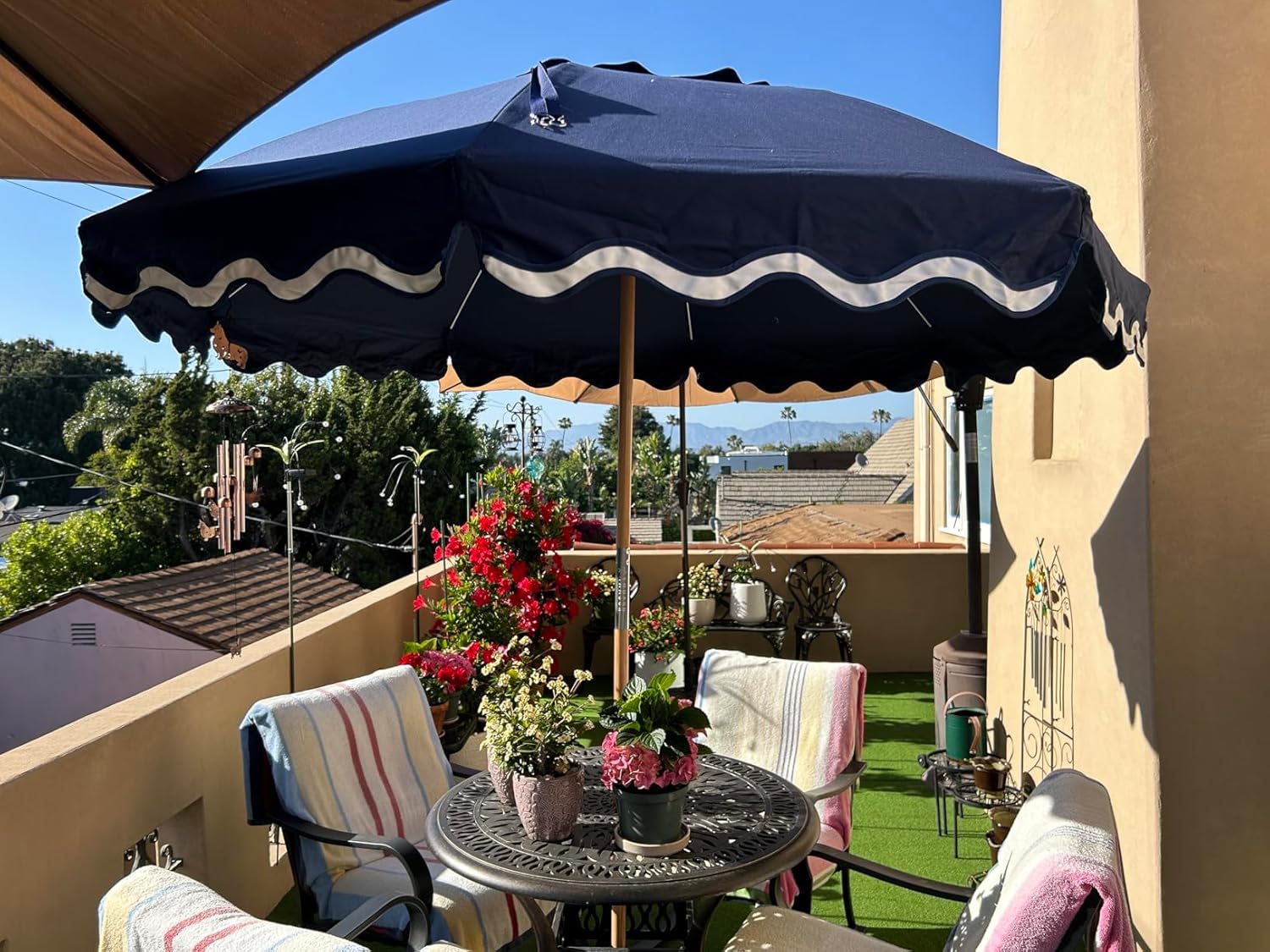 AMMSUN 7.8ft Seashore Umbrella, Outdoor Umbrella, Boho Patio Umbrella with UV 50+ Air Vent Ash Wood Pole Carry Bag & Water-Resistant Canvas Navy Blue